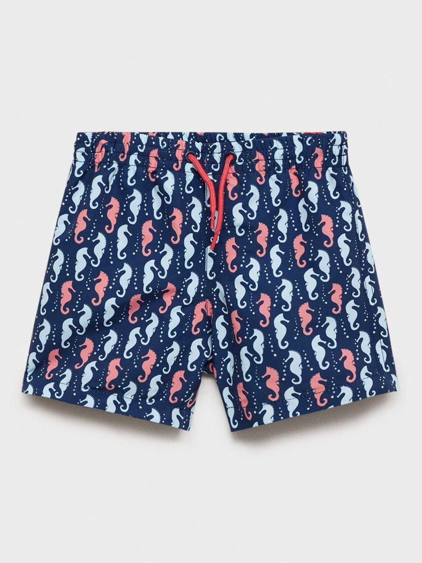 Product image 1 of 4, which shows Mango Kids' Seahorse Print Swim Trunks, Navy, 12-18 months