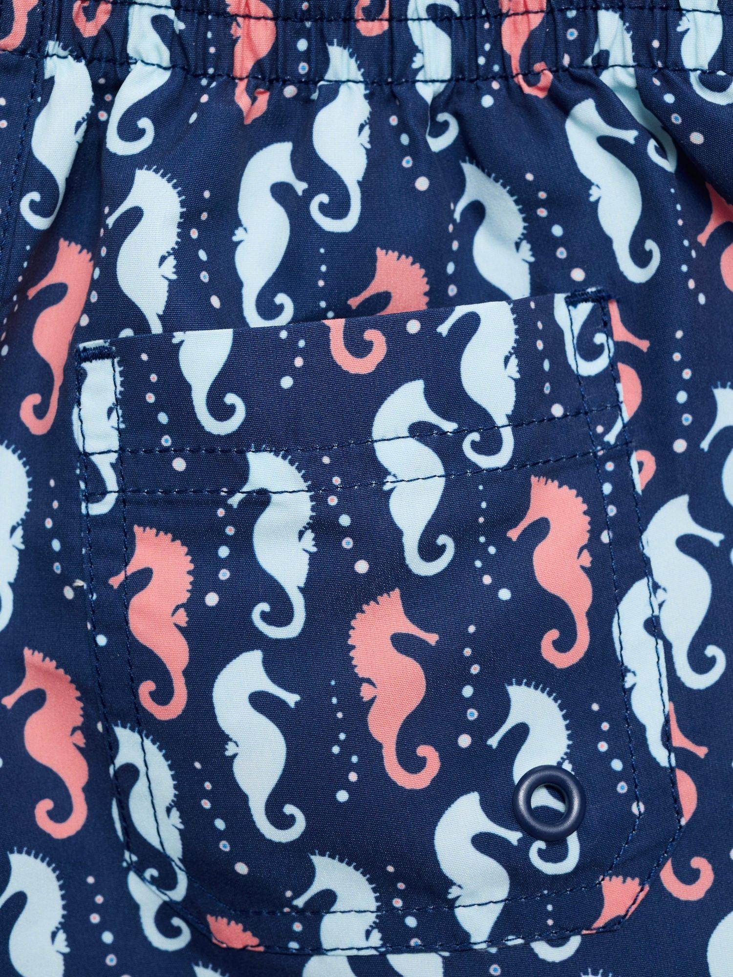 Product image 3 of 4, which shows Mango Kids' Seahorse Print Swim Trunks, Navy, 12-18 months