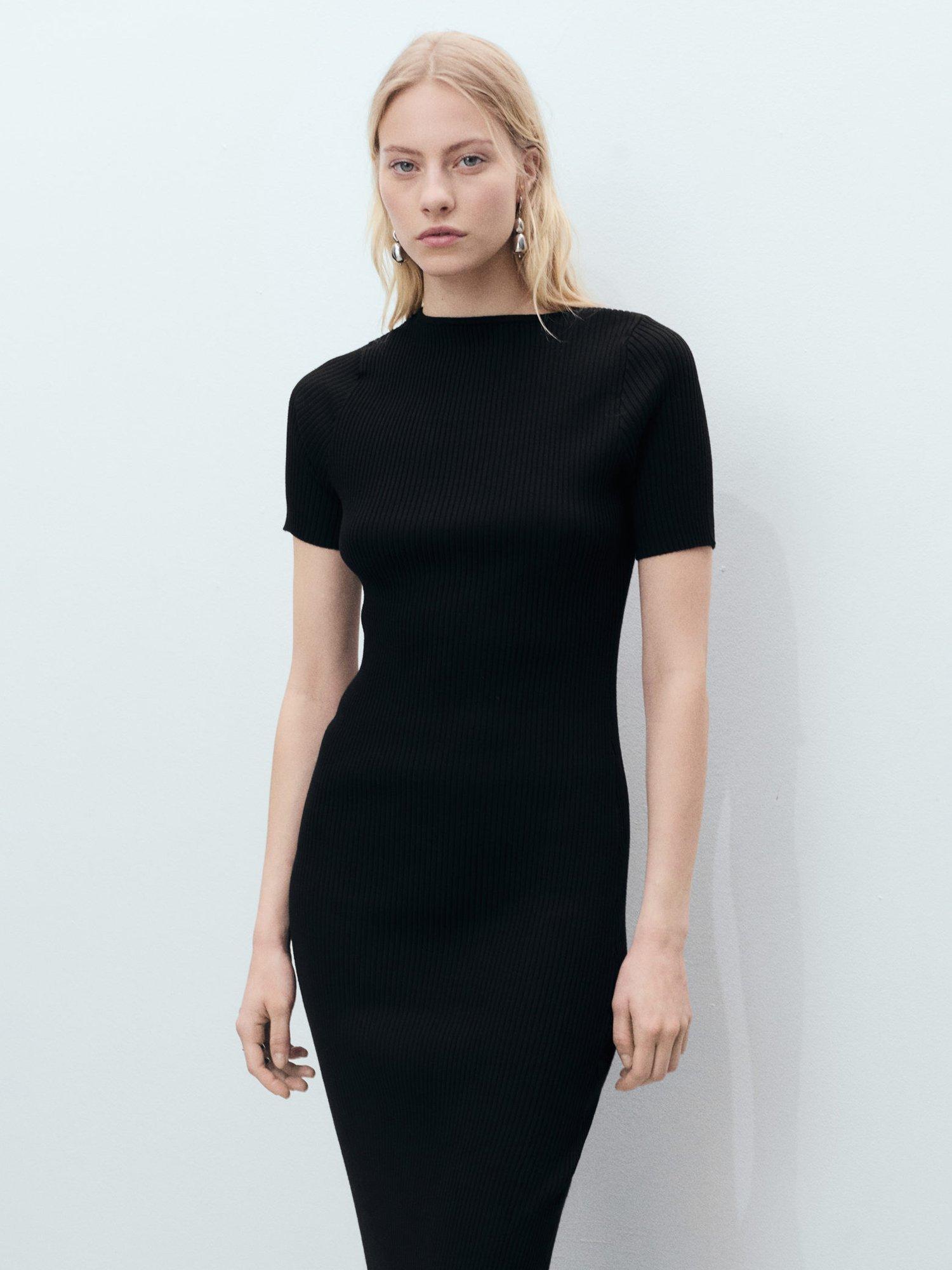 Product image 1 of 8, which shows Mango Nenufar Slit Neckline Ribbed Midi Dress, Black, 10