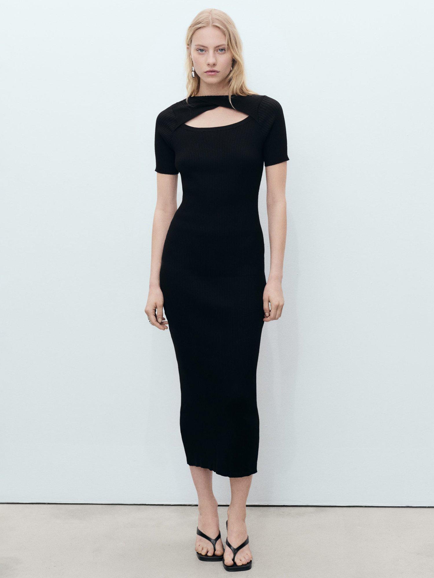 Product image 2 of 8, which shows Mango Nenufar Slit Neckline Ribbed Midi Dress, Black, 10