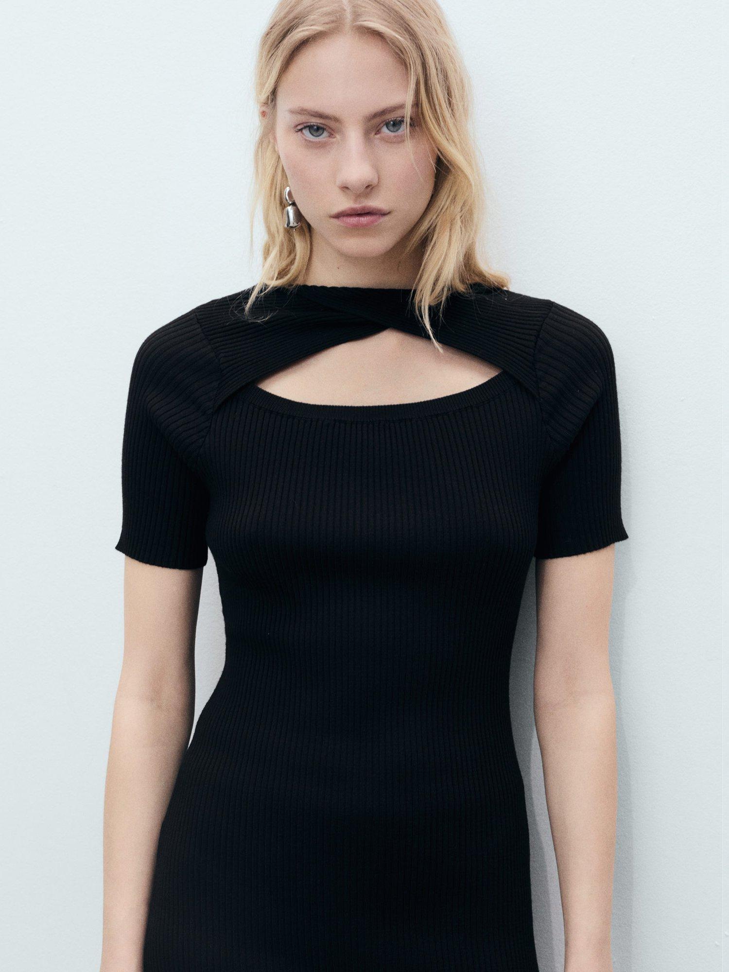 Product image 7 of 8, which shows Mango Nenufar Slit Neckline Ribbed Midi Dress, Black, 10