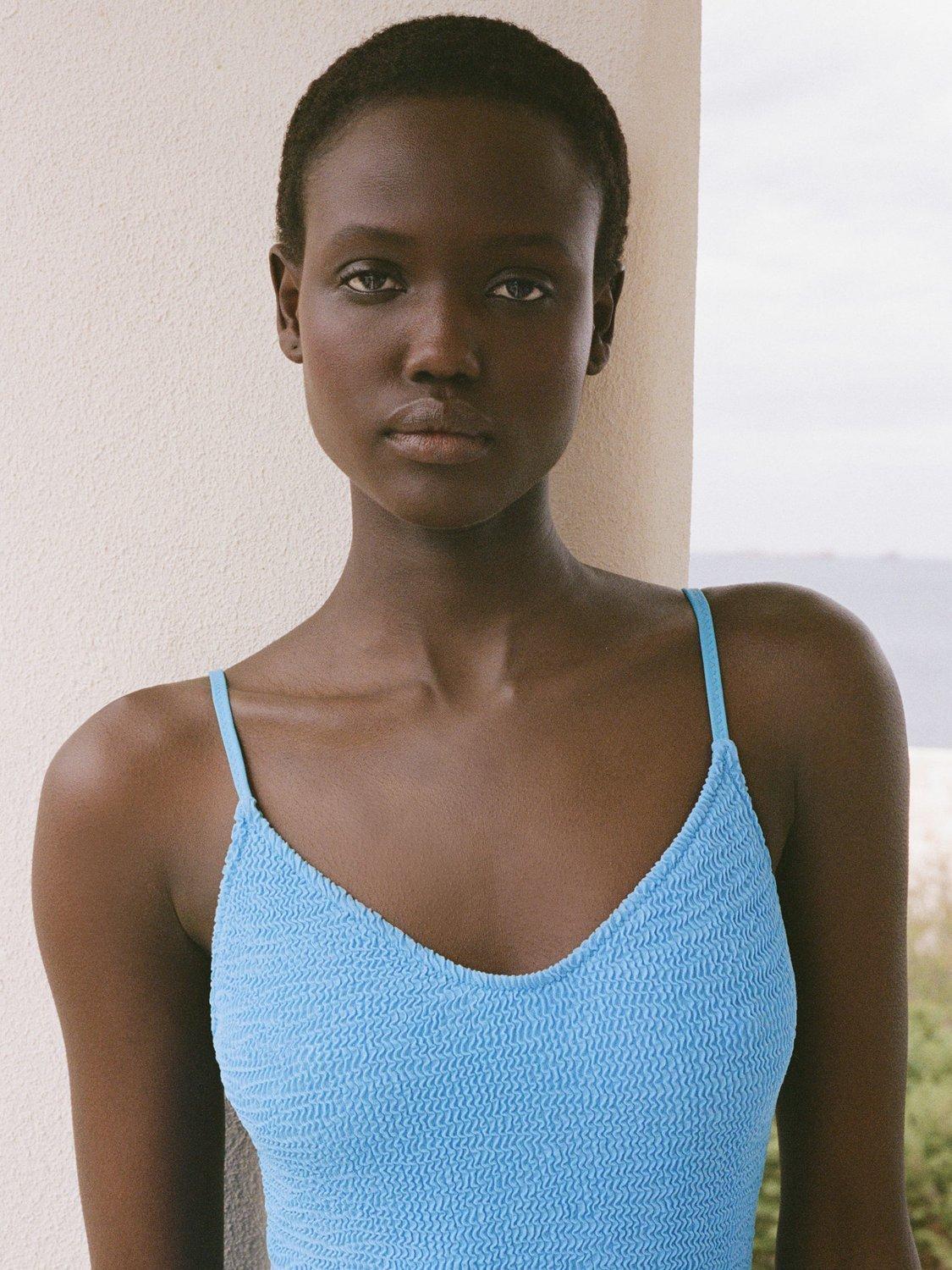 Product image 1 of 7, which shows Mango Ocean Textured Swimsuit, Pastel Blue, L