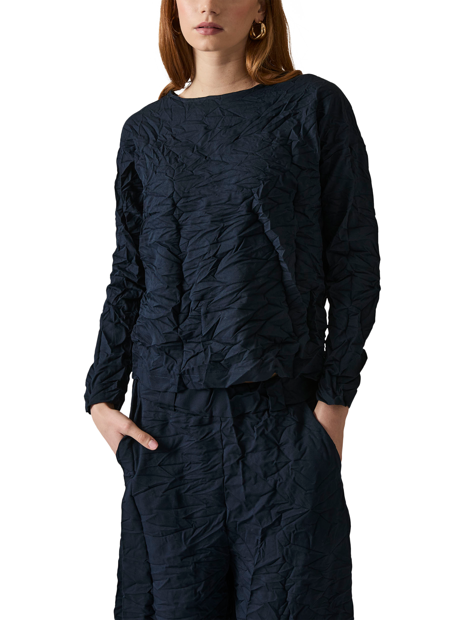 Product image 1 of 4, which shows James Lakeland Crinkled Long Sleeve Top, Navy, 8