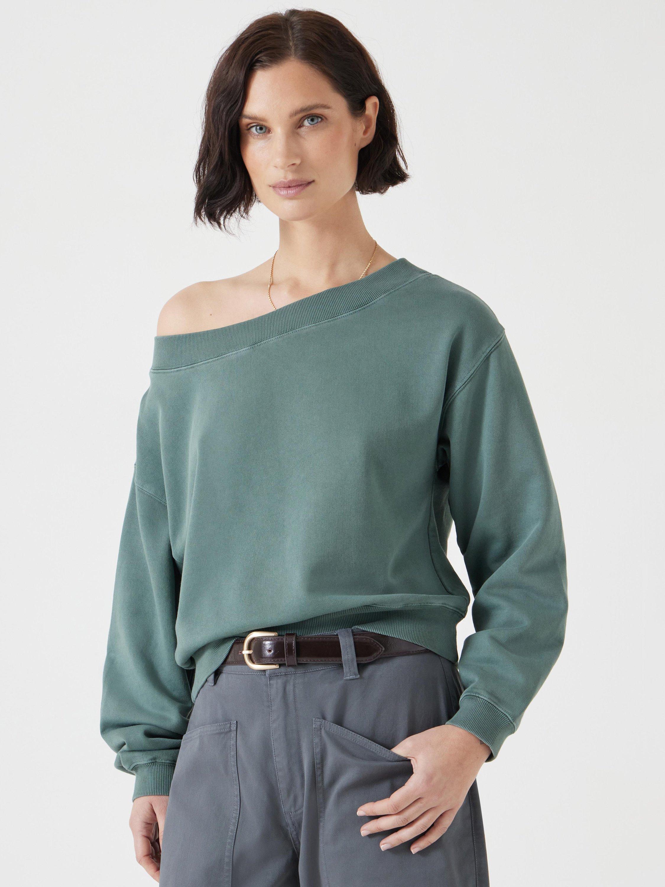 Product image 1 of 5, which shows HUSH Carlota Off Shoulder Sweatshirt, Sage Green, XS