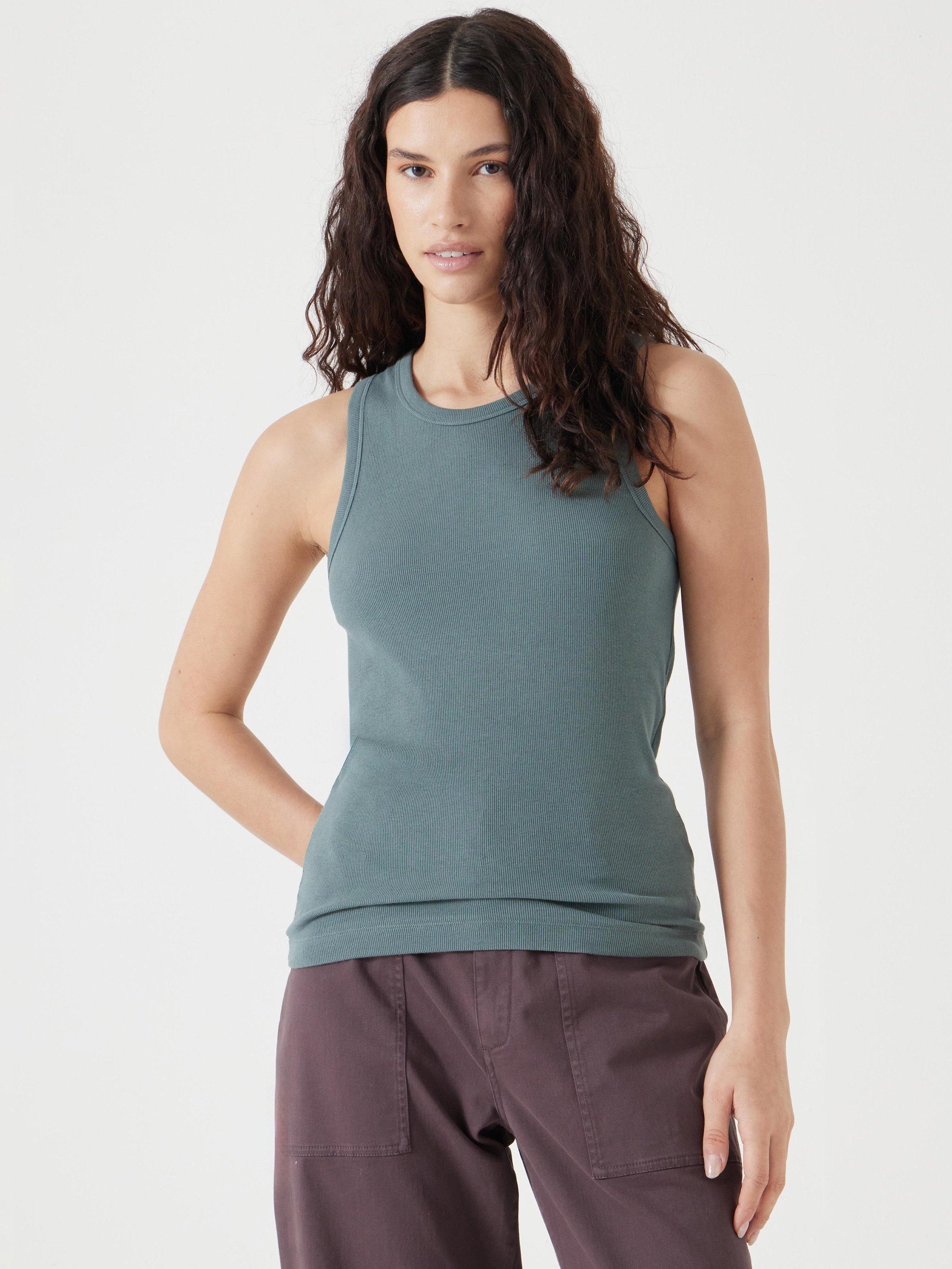 Product image 1 of 5, which shows HUSH High Neck Ribbed Vest Top, Sage Green, XXS