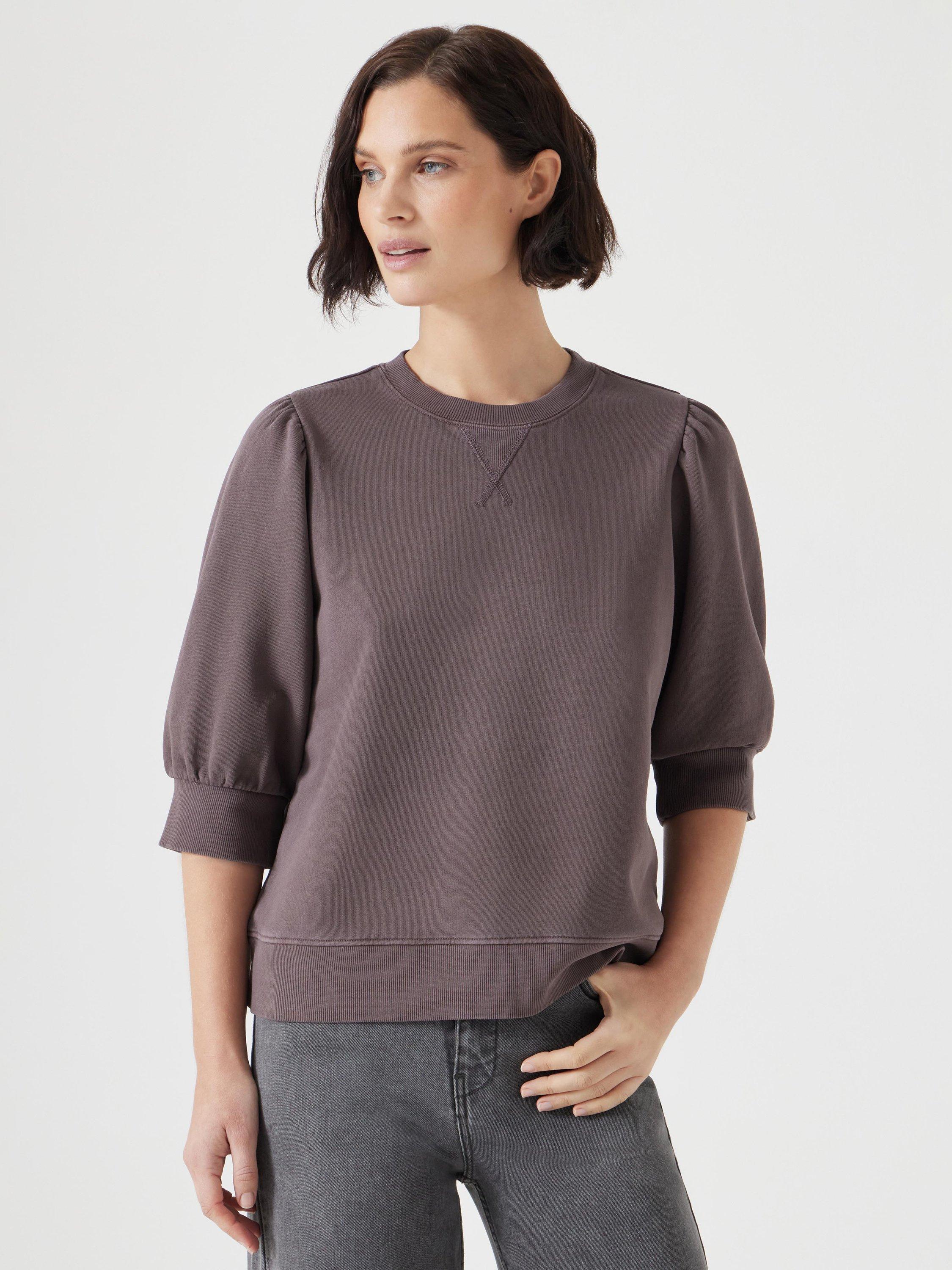 Product image 1 of 5, which shows HUSH Puff Sleeve Sweatshirt, Raisin Brown, XXS