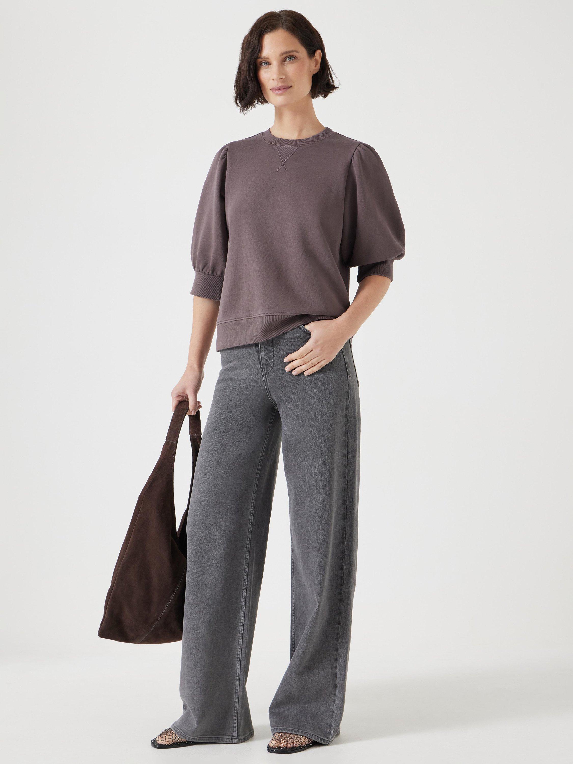 Product image 2 of 5, which shows HUSH Puff Sleeve Sweatshirt, Raisin Brown, XXS