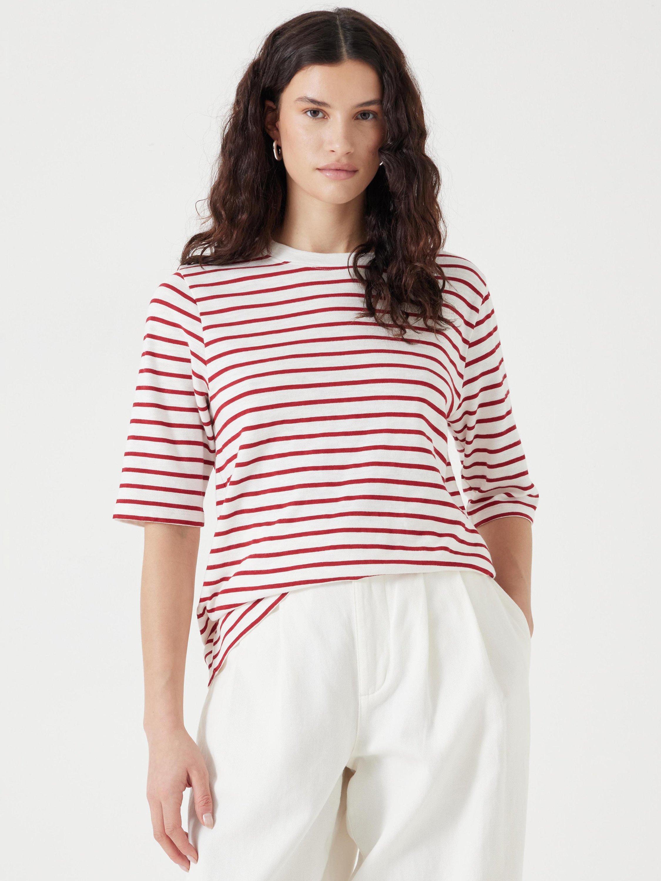 Product image 1 of 5, which shows HUSH Sora Stripe Crew Neck T-Shirt, White/Red, XS