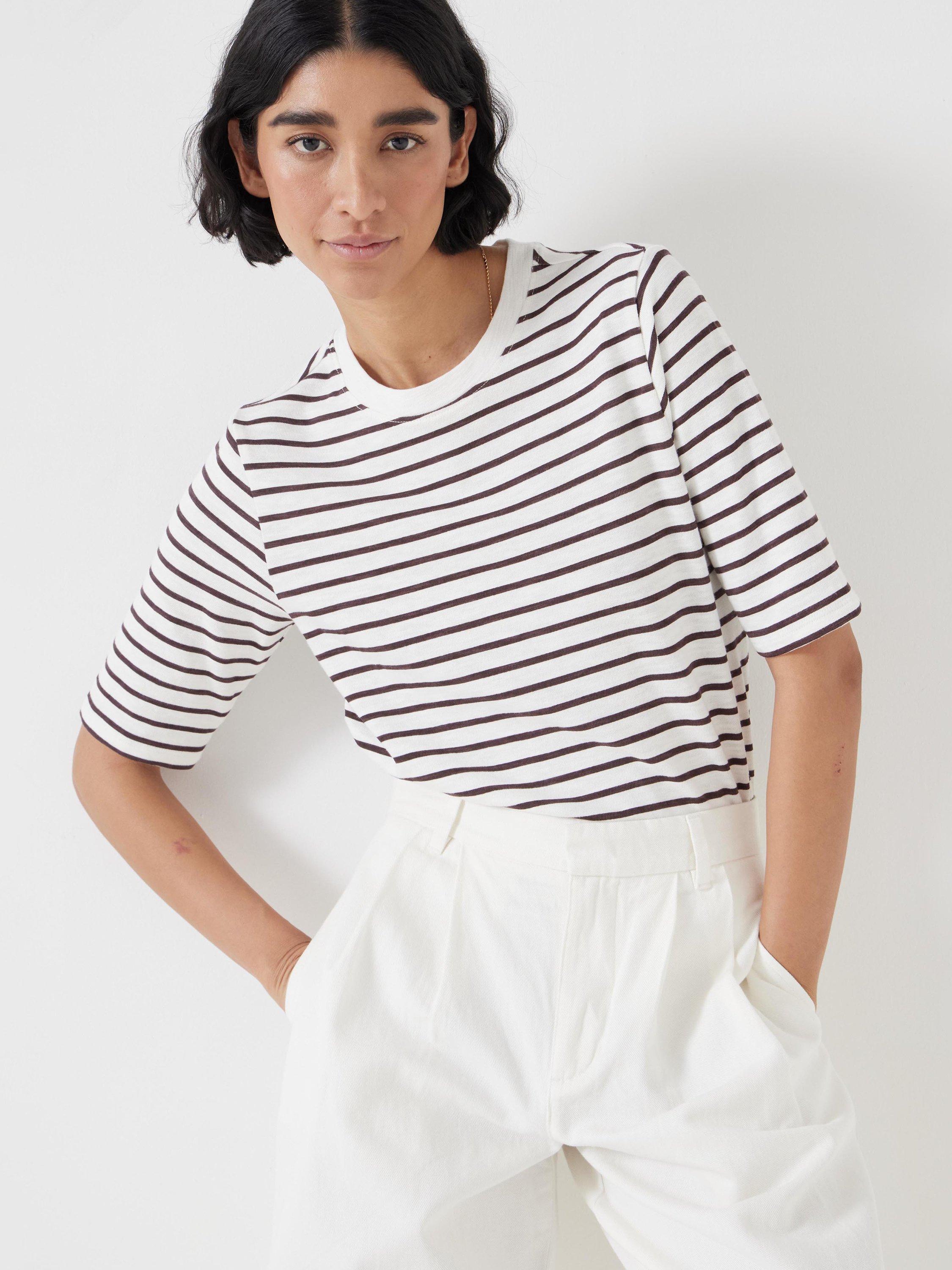 Product image 1 of 6, which shows HUSH Sora Stripe Crew Neck T-Shirt, White/Brown, XXS