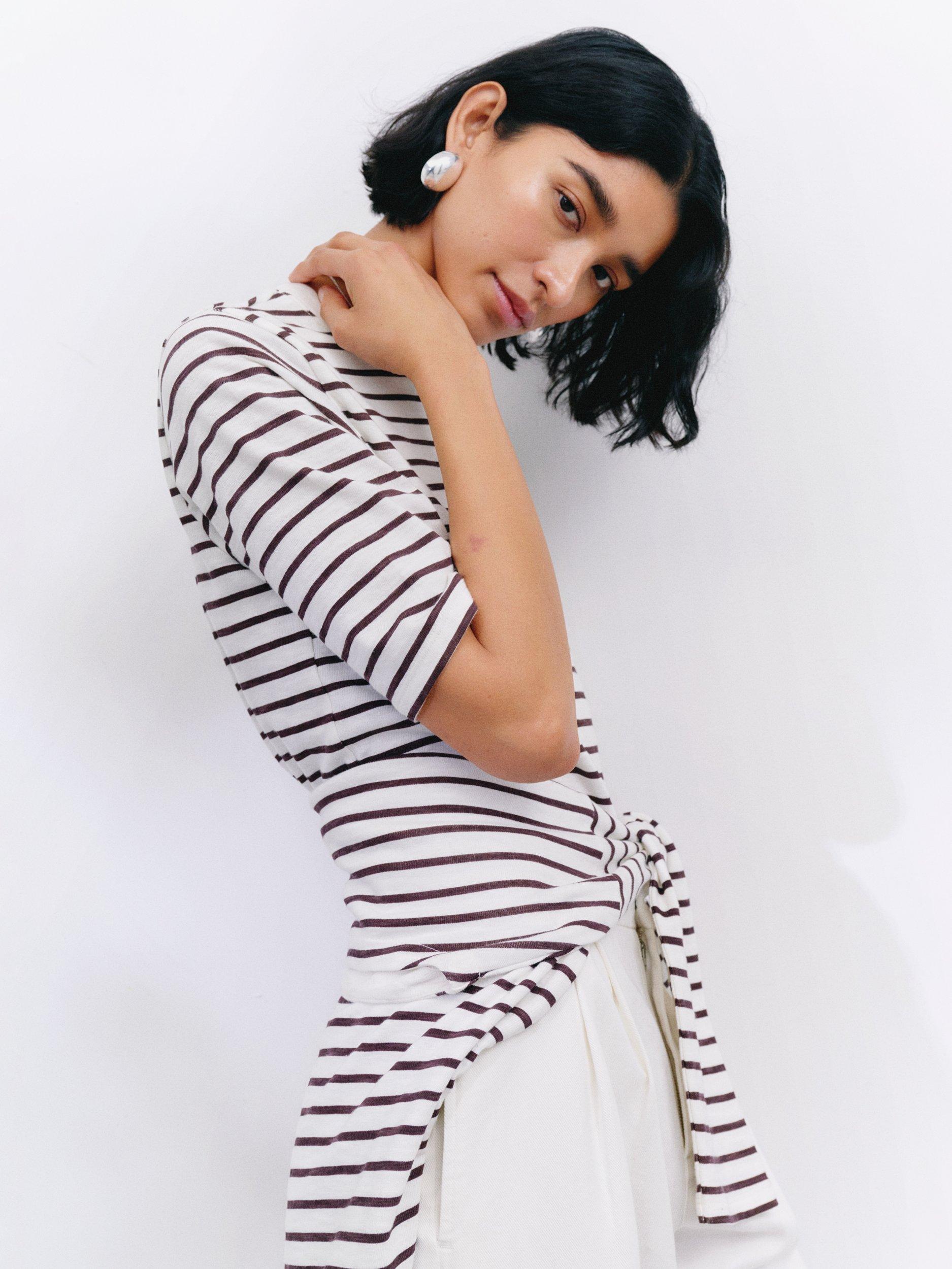 Product image 3 of 6, which shows HUSH Sora Stripe Crew Neck T-Shirt, White/Brown, XXS
