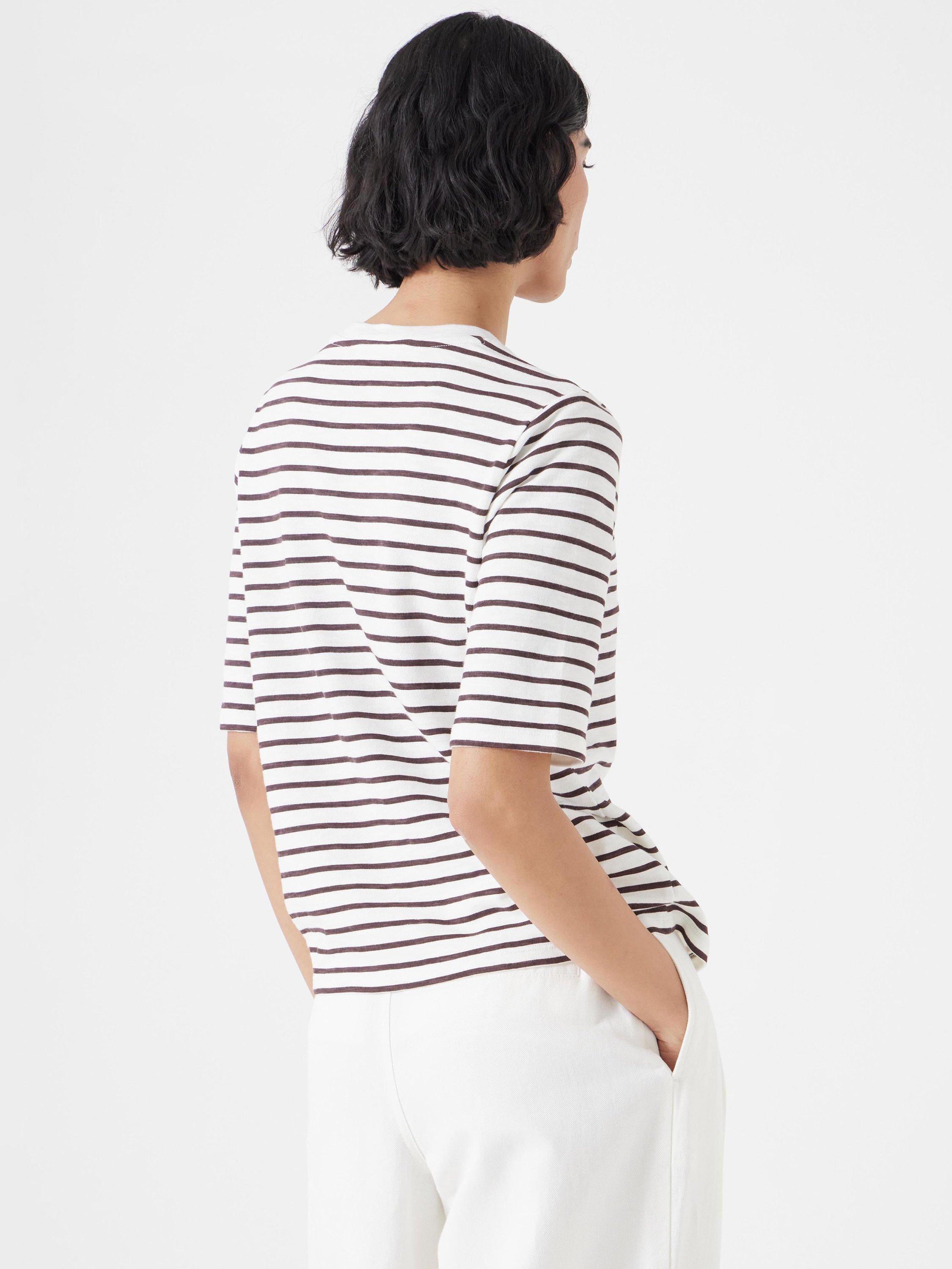 Product image 5 of 6, which shows HUSH Sora Stripe Crew Neck T-Shirt, White/Brown, XXS
