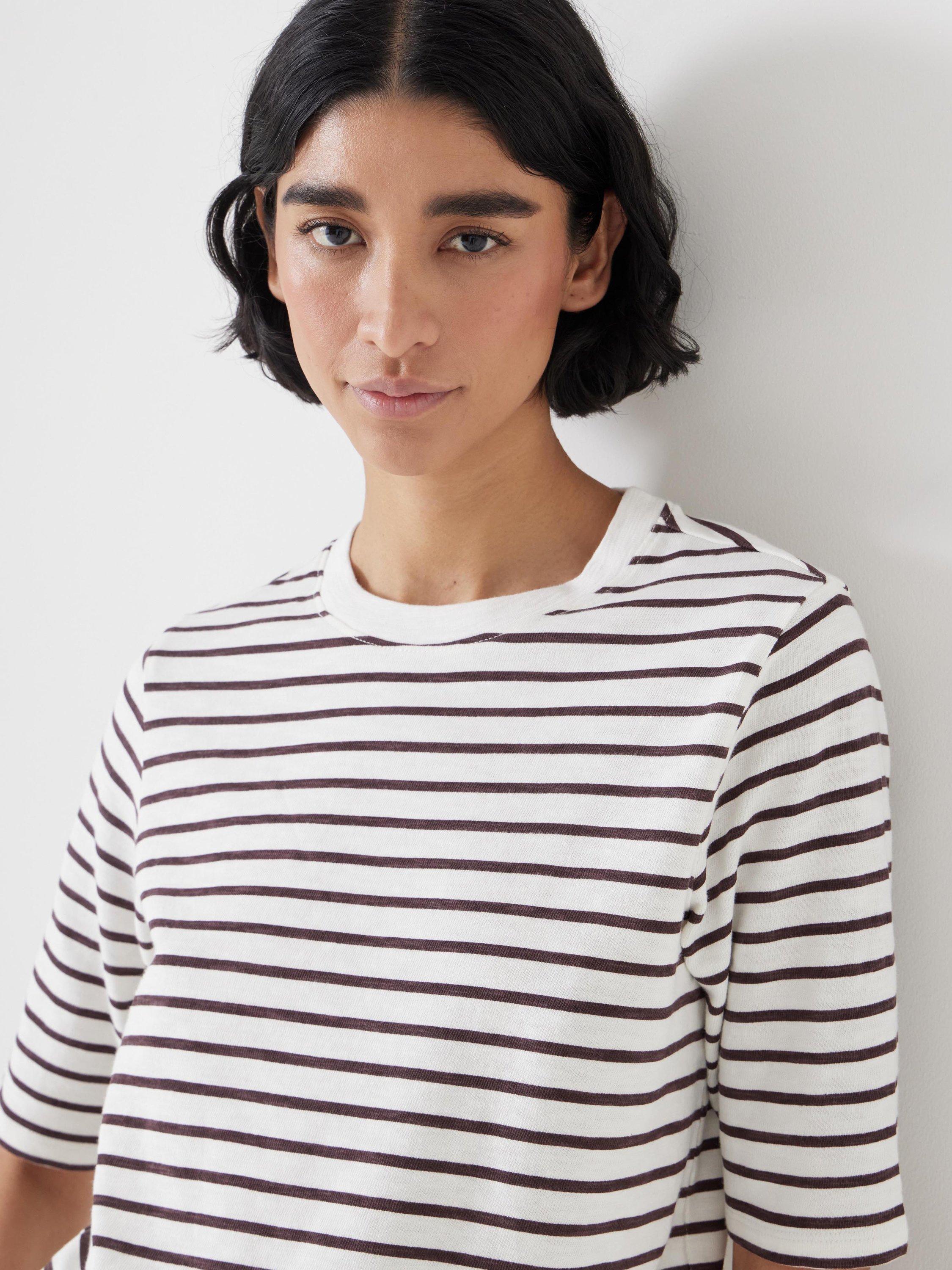 Product image 6 of 6, which shows HUSH Sora Stripe Crew Neck T-Shirt, White/Brown, XXS
