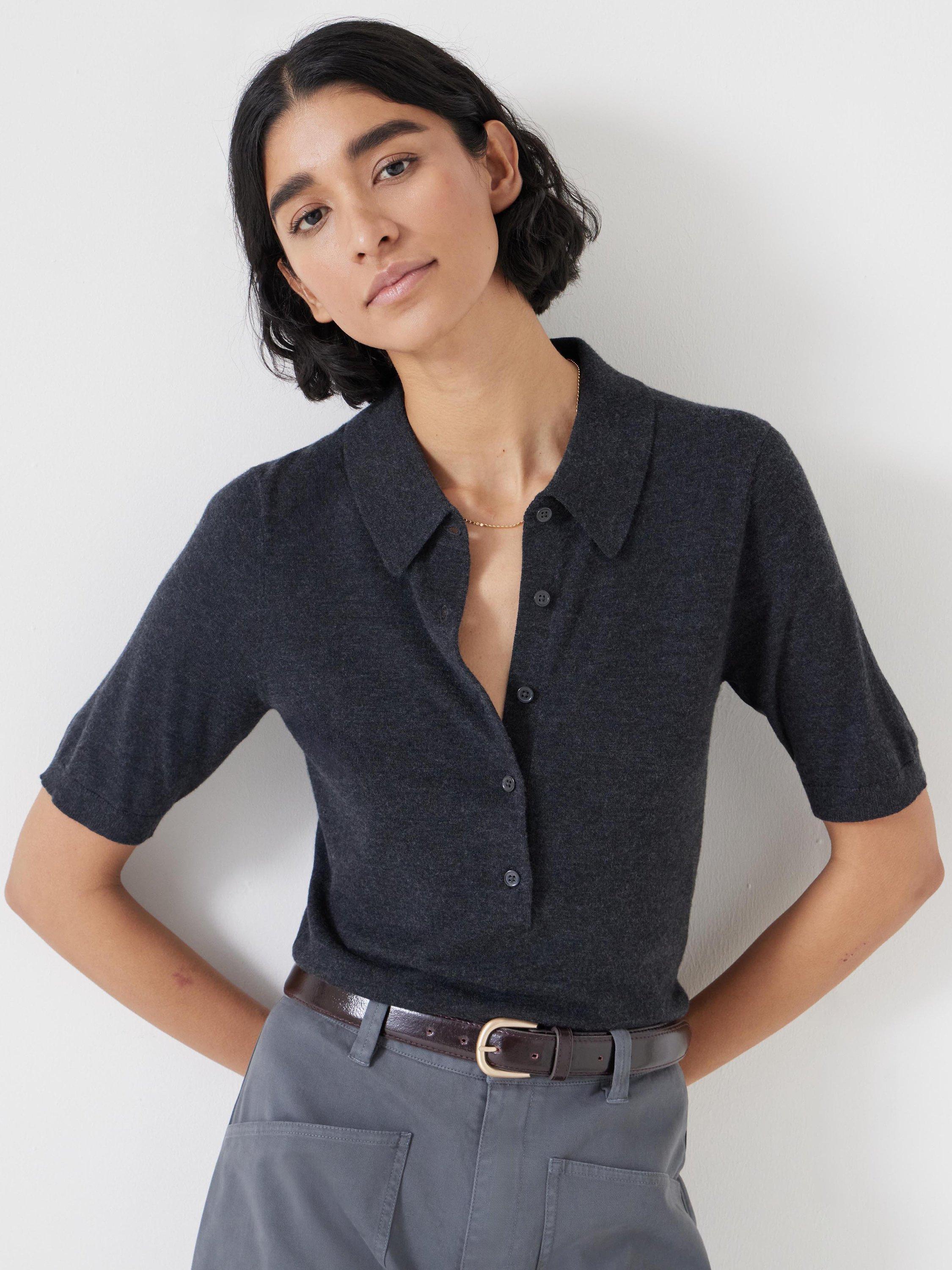 Product image 1 of 5, which shows HUSH Fine Knit Wool Blend Polo Shirt, Charcoal Marl, XXS