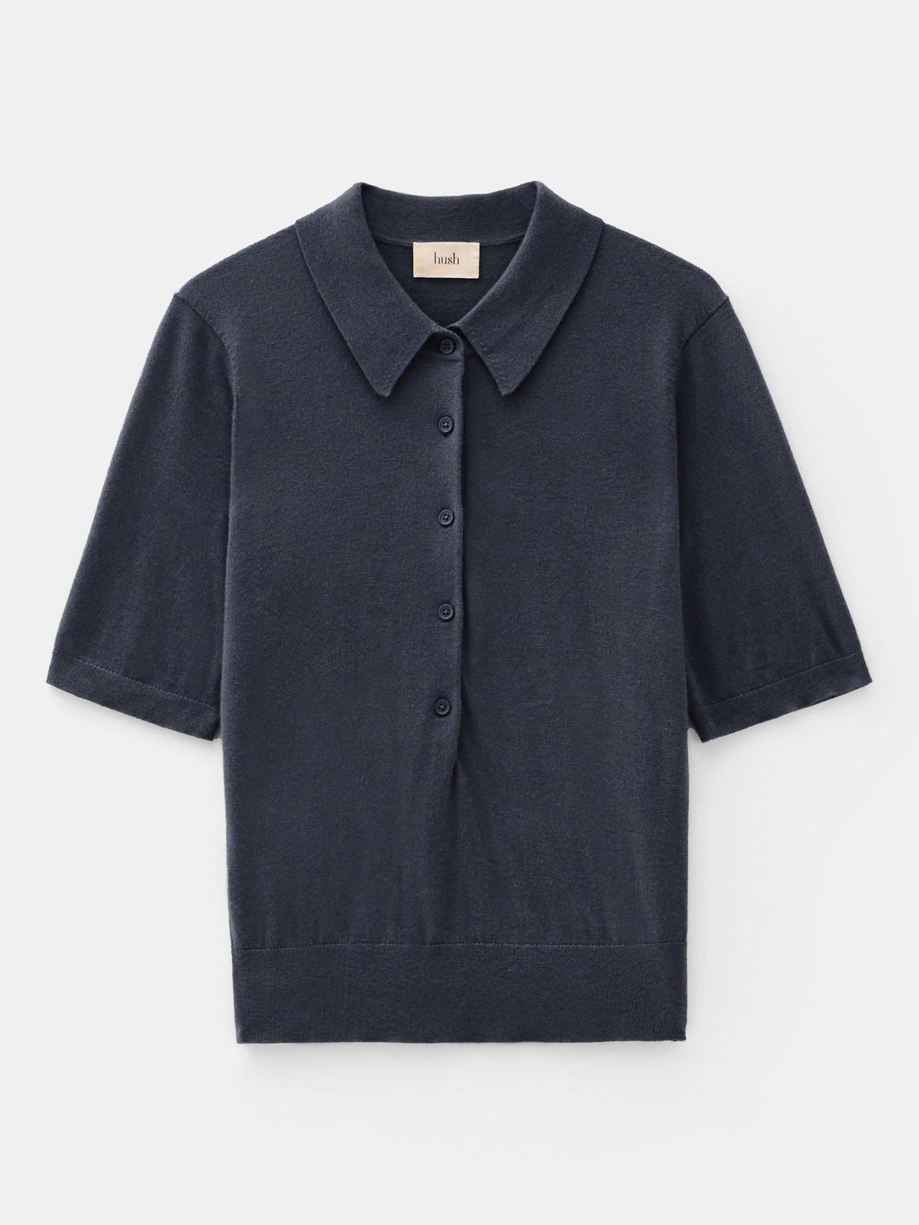 Product image 4 of 5, which shows HUSH Fine Knit Wool Blend Polo Shirt, Charcoal Marl, XXS