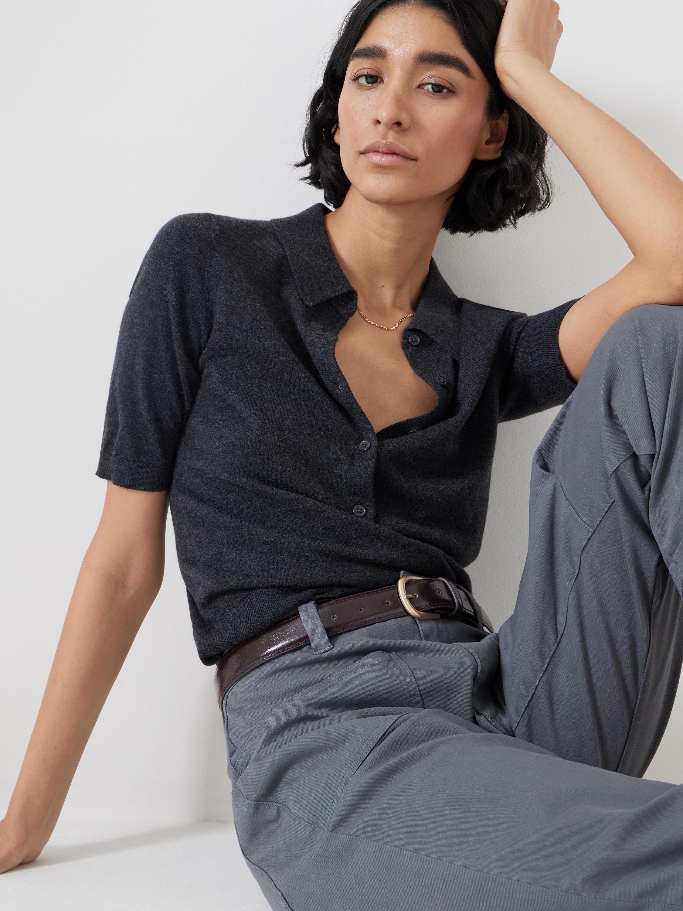 Product image 5 of 5, which shows HUSH Fine Knit Wool Blend Polo Shirt, Charcoal Marl, XXS