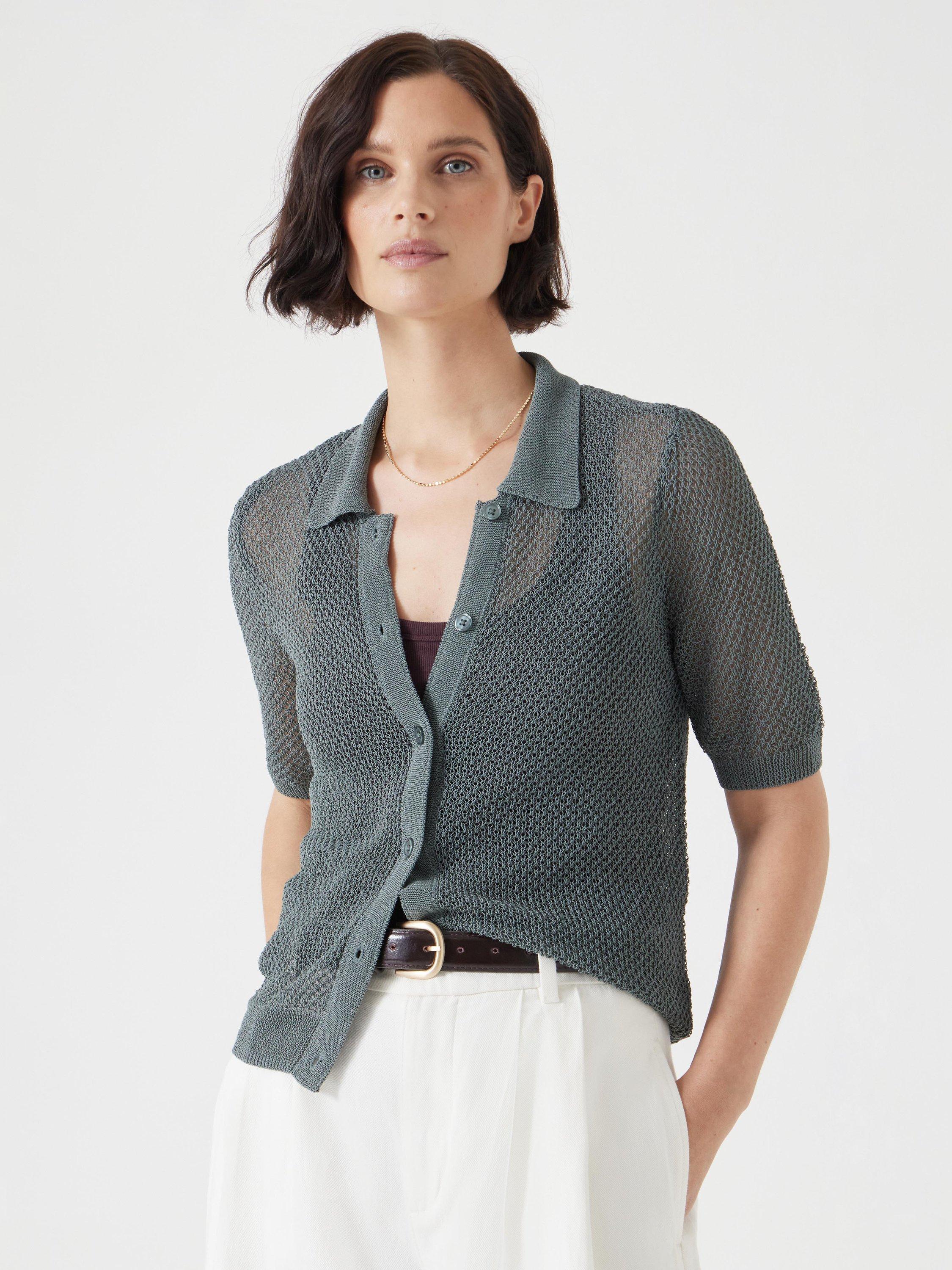 Product image 1 of 5, which shows HUSH Textured Stitch Semi-Sheer Knit Top, Sage Green, XXS