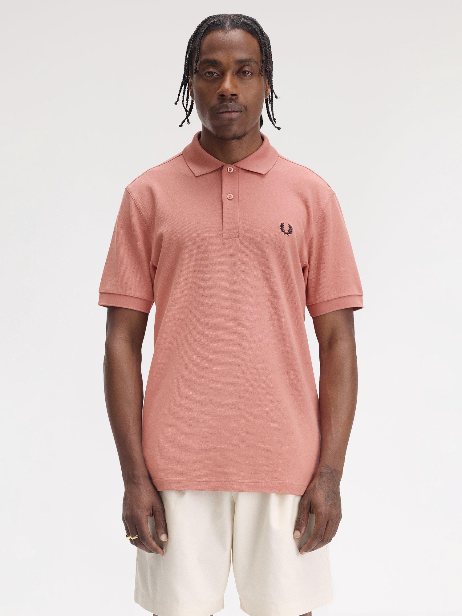 Product image 1 of 5, which shows Fred Perry Cotton Regular Fit Short Sleeve Polo Shirt, Putty Pink/Navy, S