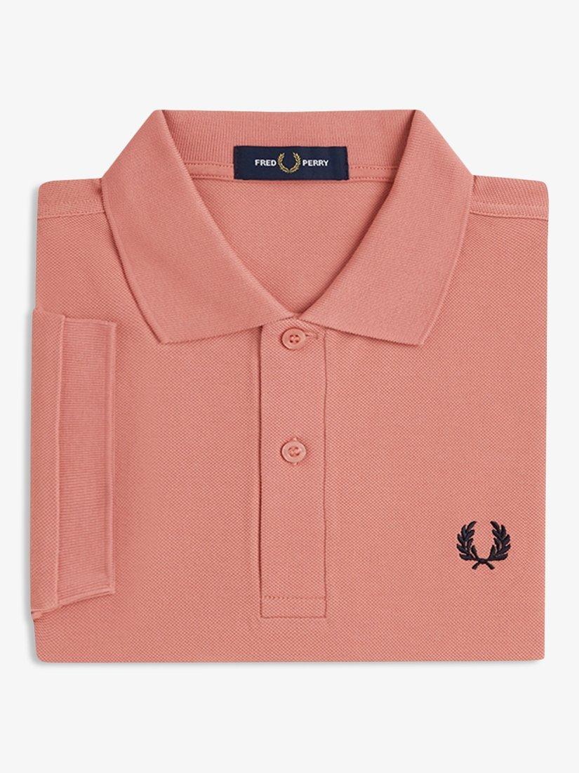Product image 3 of 5, which shows Fred Perry Cotton Regular Fit Short Sleeve Polo Shirt, Putty Pink/Navy, S