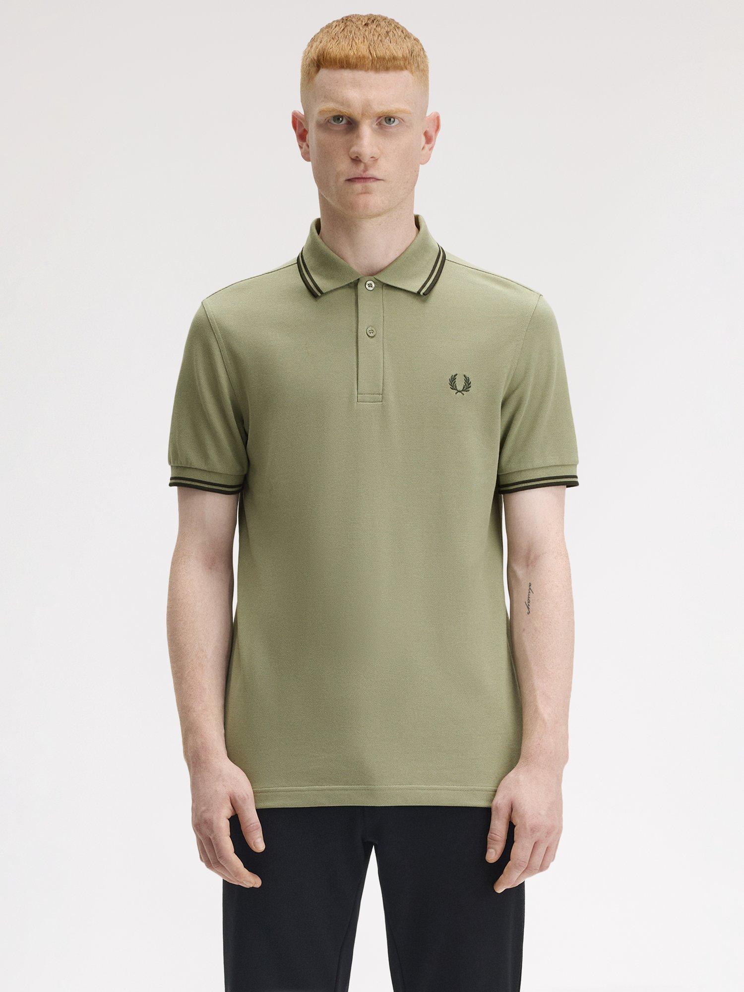Product image 1 of 5, which shows Fred Perry Cotton Twin Tipped Regular Fit Polo Shirt, Olivmnt/Ngtgreen, S