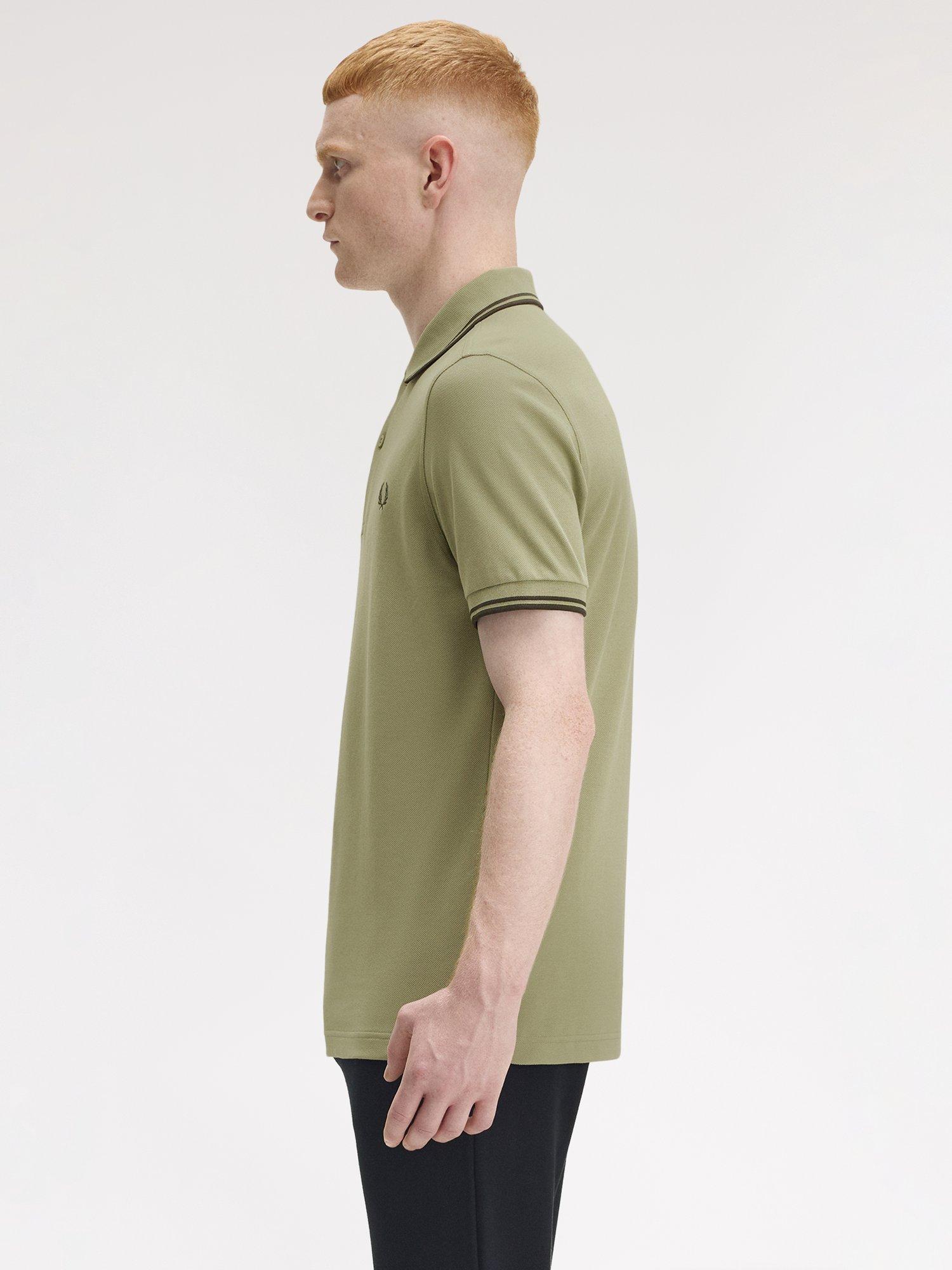 Product image 2 of 5, which shows Fred Perry Cotton Twin Tipped Regular Fit Polo Shirt, Olivmnt/Ngtgreen, S
