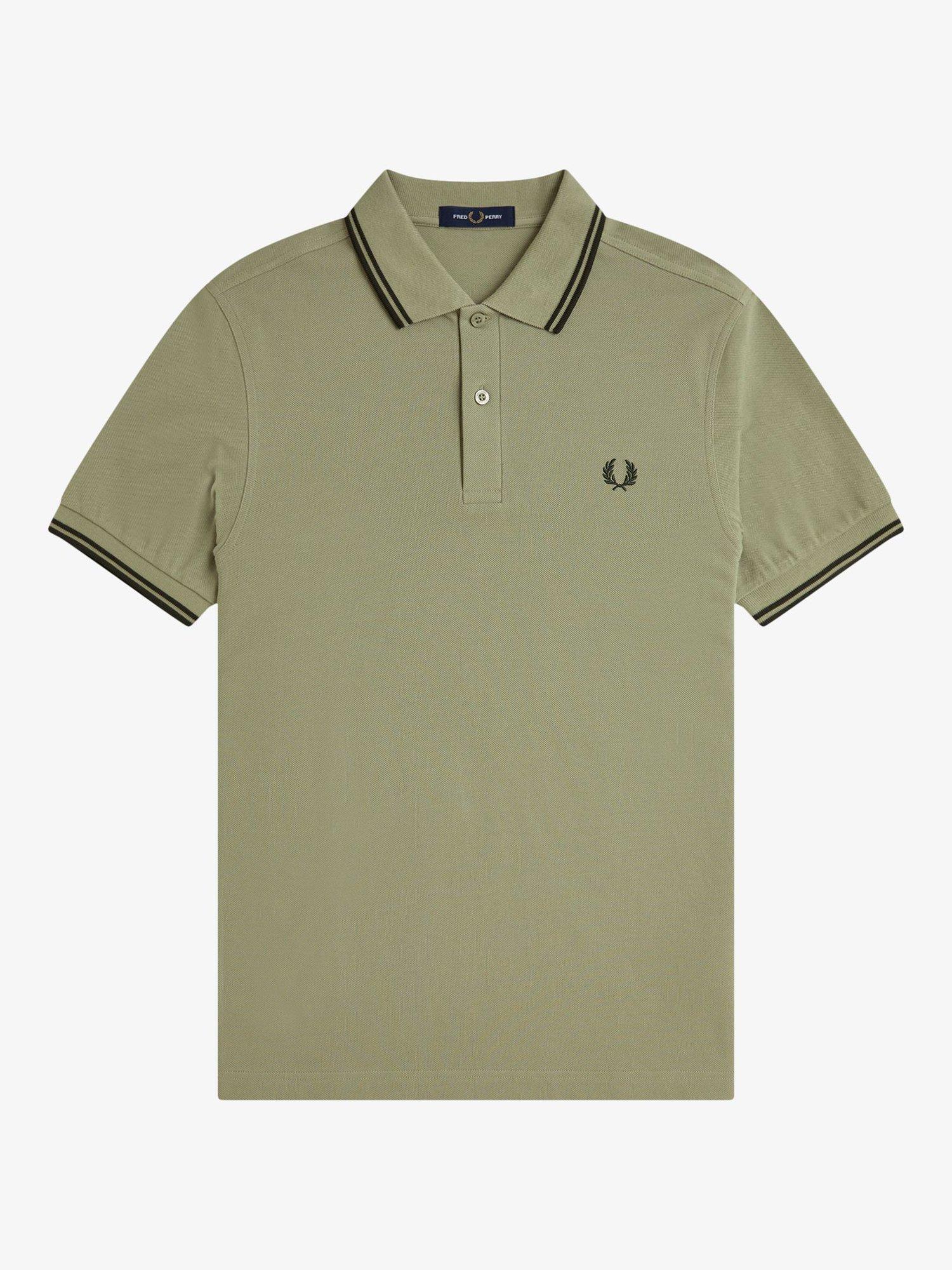 Product image 4 of 5, which shows Fred Perry Cotton Twin Tipped Regular Fit Polo Shirt, Olivmnt/Ngtgreen, S