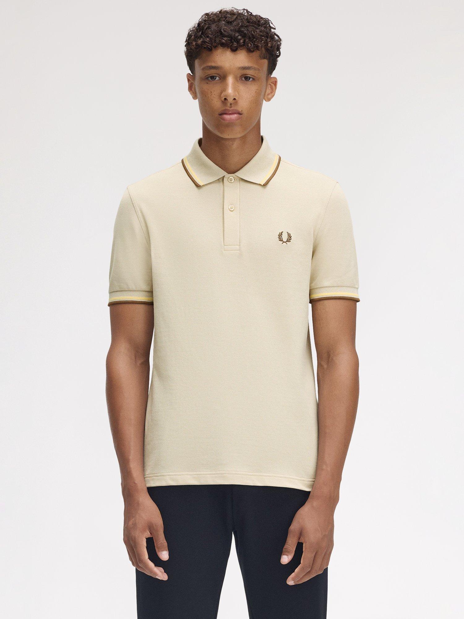 Product image 1 of 5, which shows Fred Perry Cotton Twin Tipped Regular Fit Polo Shirt, Oatm/Chmpg/Stone, S