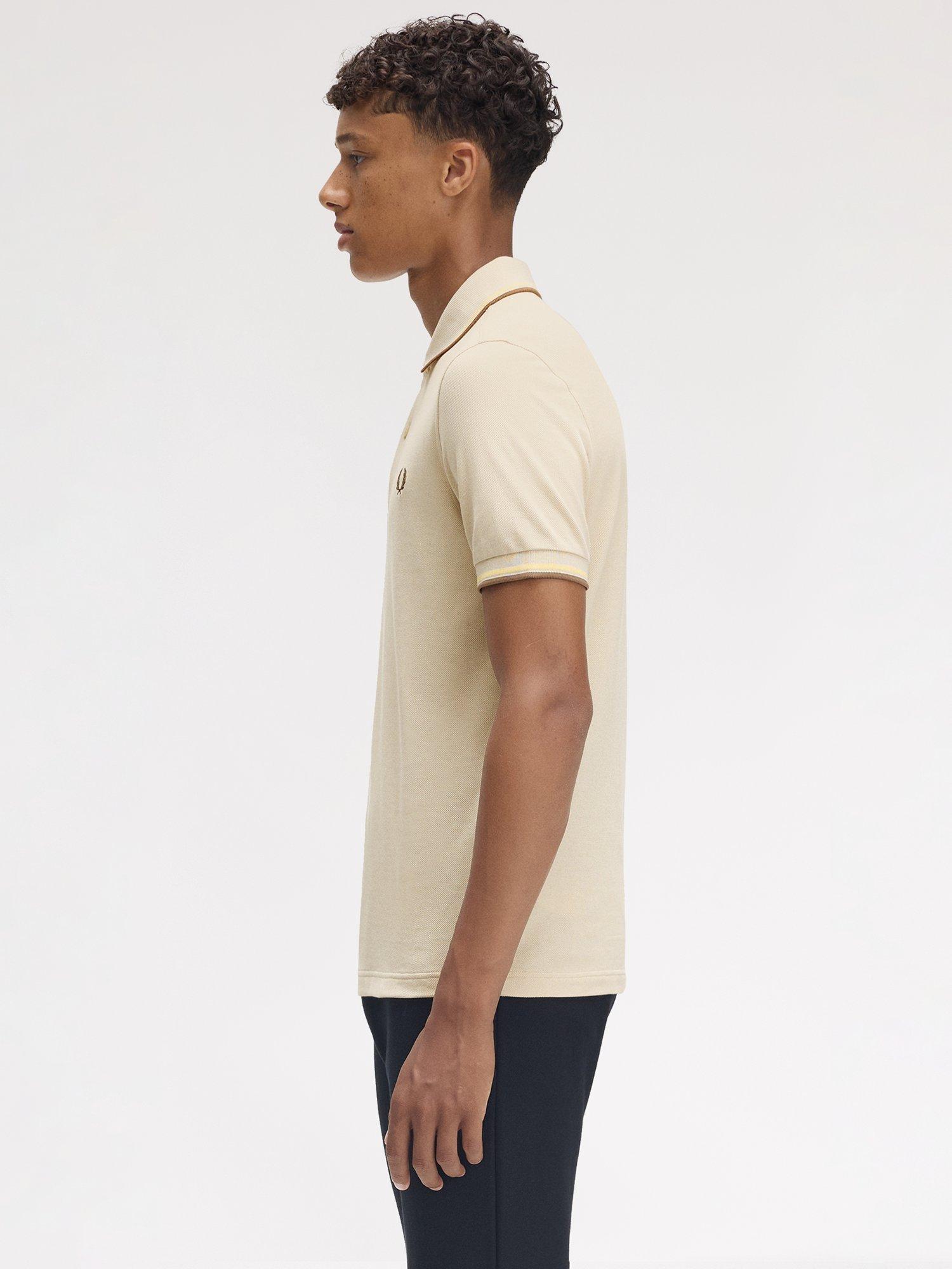 Product image 2 of 5, which shows Fred Perry Cotton Twin Tipped Regular Fit Polo Shirt, Oatm/Chmpg/Stone, S