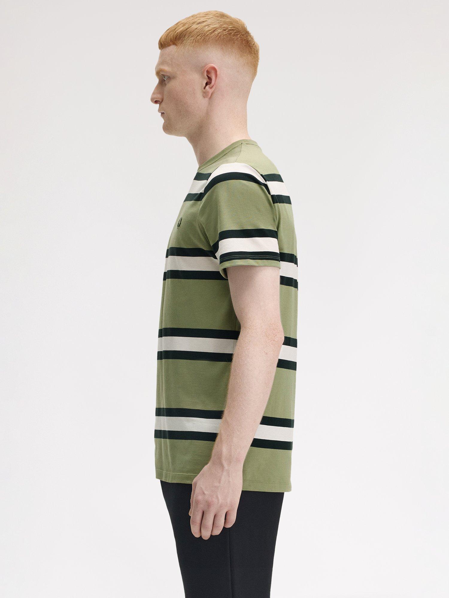 Product image 2 of 5, which shows Fred Perry Cotton Regular Fit Short Sleeve Bold Stripe T-Shirt, Olive Mint, S