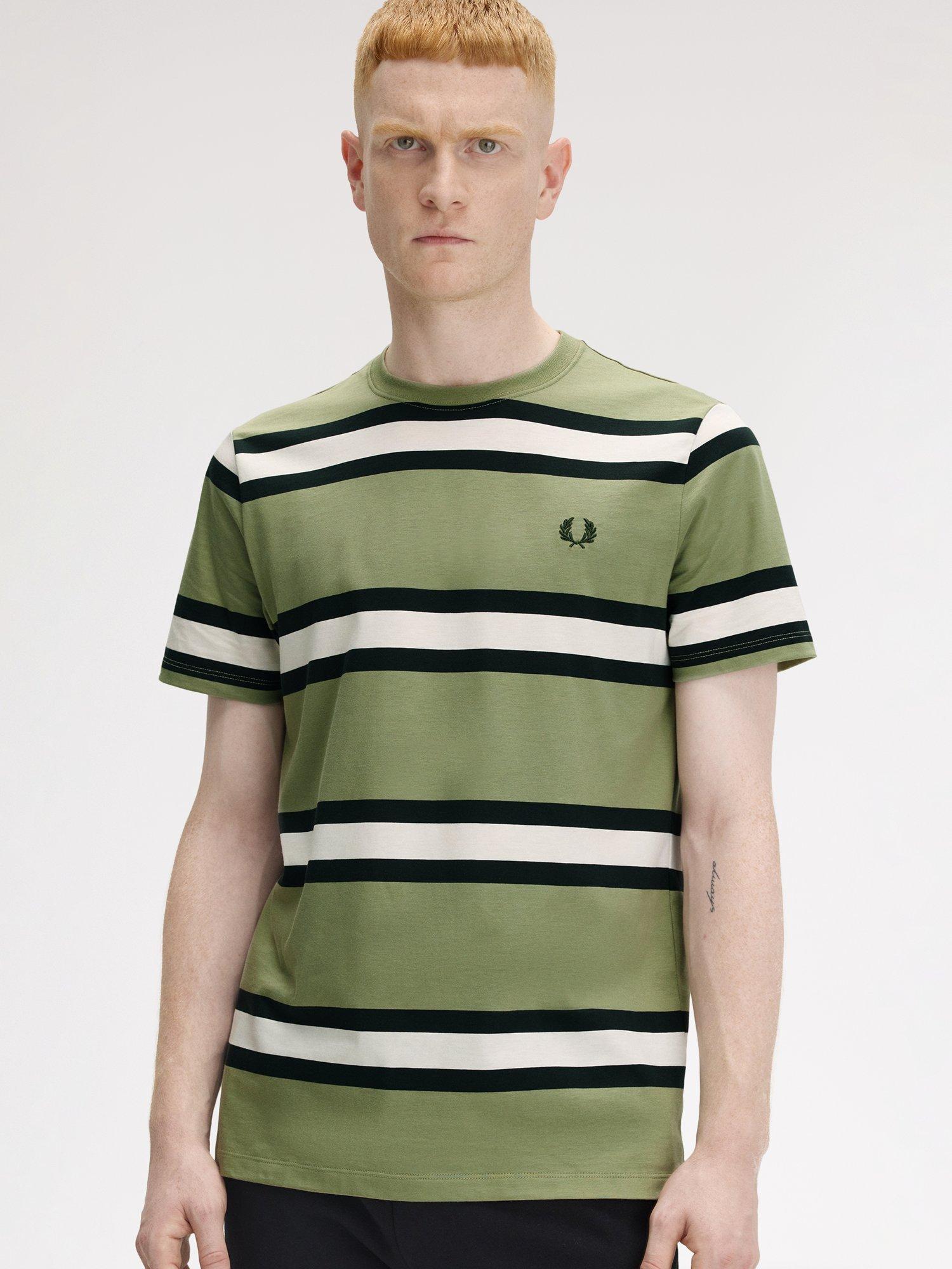 Product image 3 of 5, which shows Fred Perry Cotton Regular Fit Short Sleeve Bold Stripe T-Shirt, Olive Mint, S