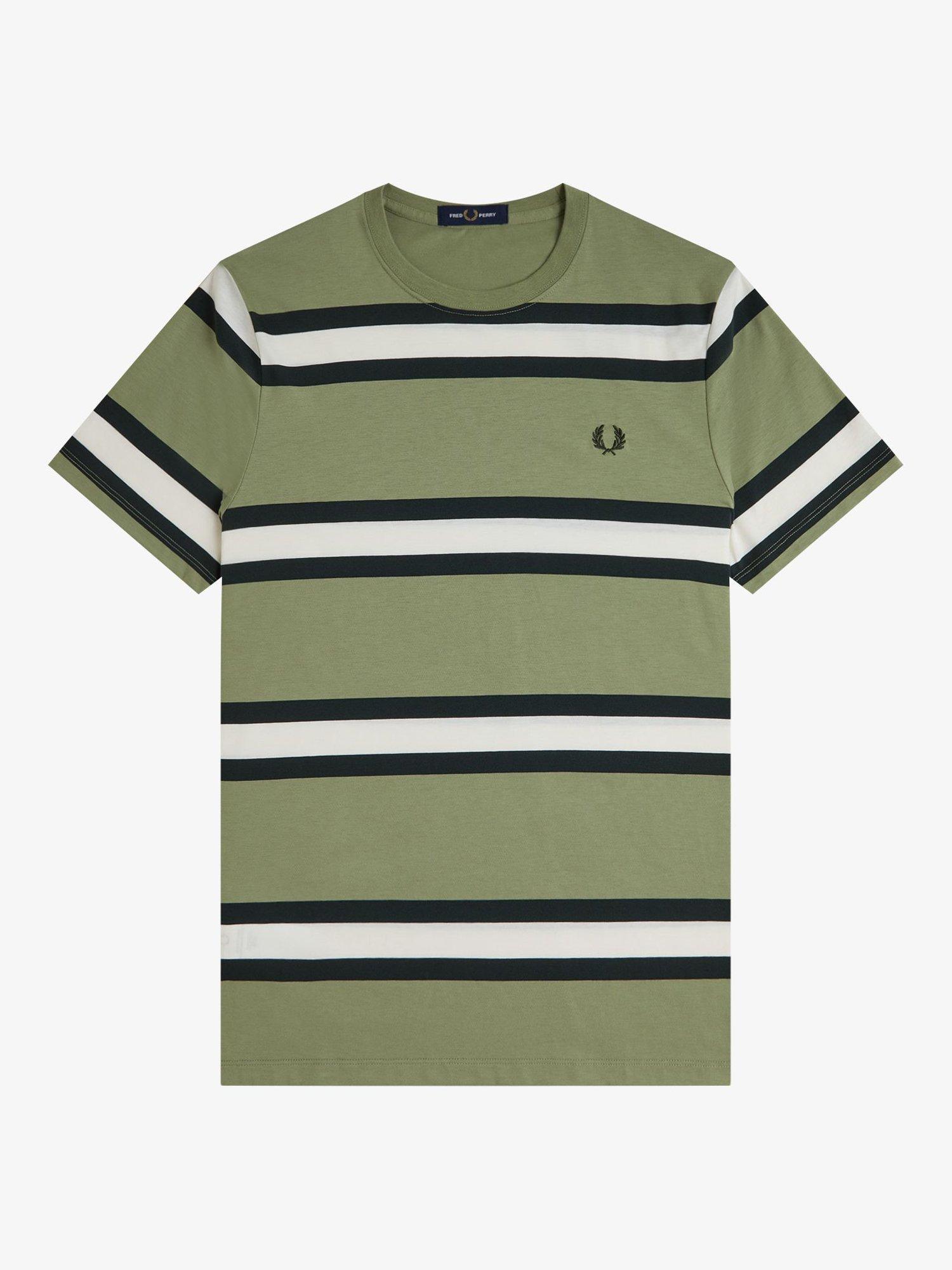 Product image 4 of 5, which shows Fred Perry Cotton Regular Fit Short Sleeve Bold Stripe T-Shirt, Olive Mint, S