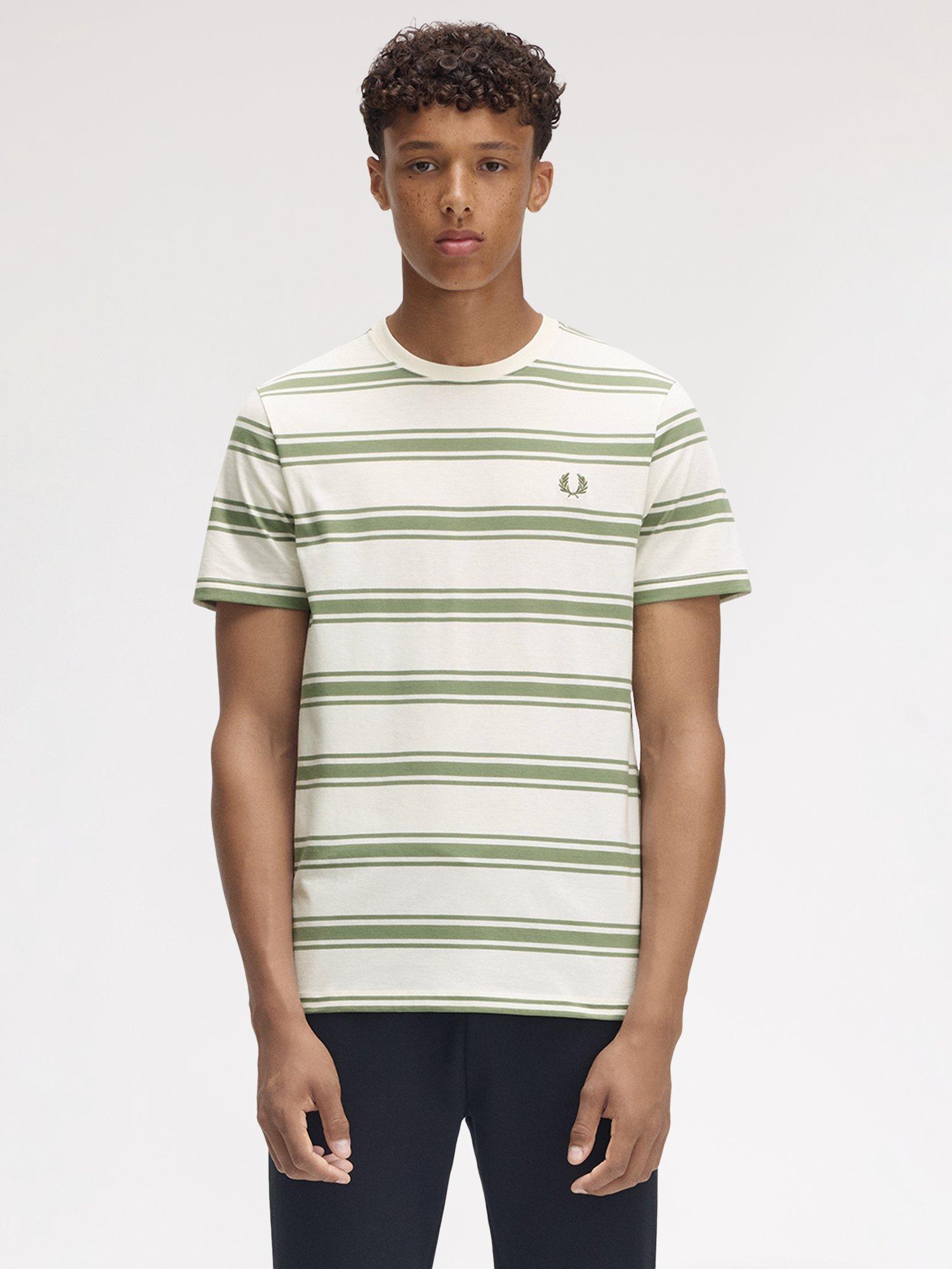 Product image 1 of 5, which shows Fred Perry Cotton Regular Fit Fine Stripe T-Shirt, Ecru/Green, S