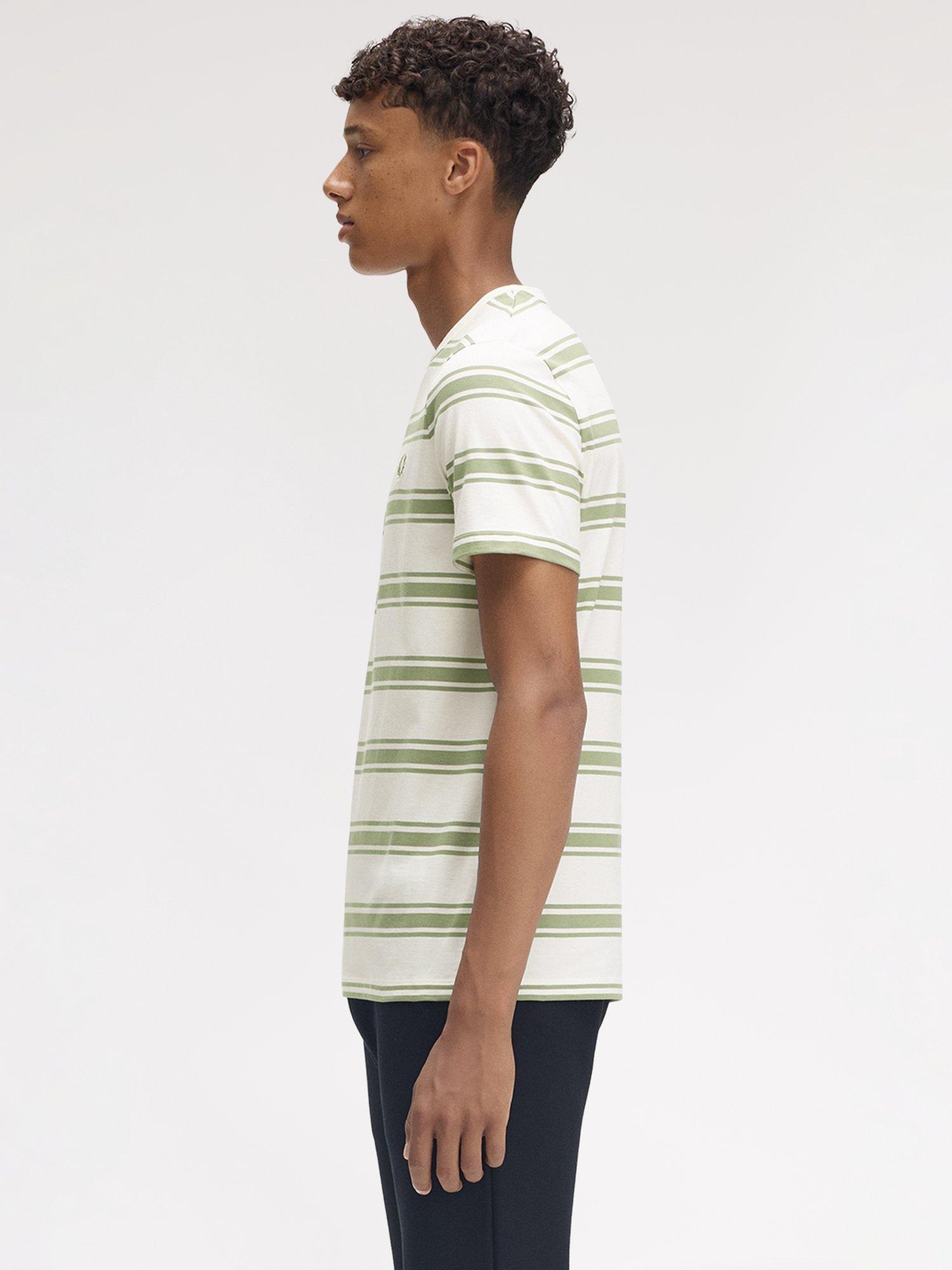 Product image 2 of 5, which shows Fred Perry Cotton Regular Fit Fine Stripe T-Shirt, Ecru/Green, S