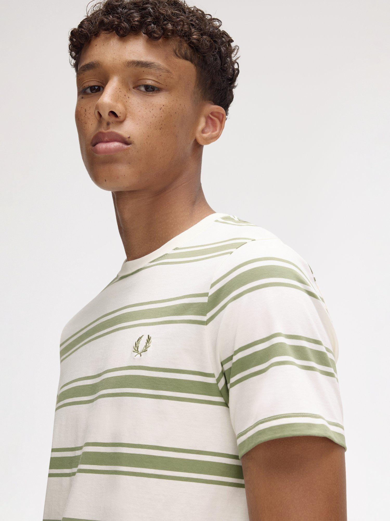 Product image 3 of 5, which shows Fred Perry Cotton Regular Fit Fine Stripe T-Shirt, Ecru/Green, S