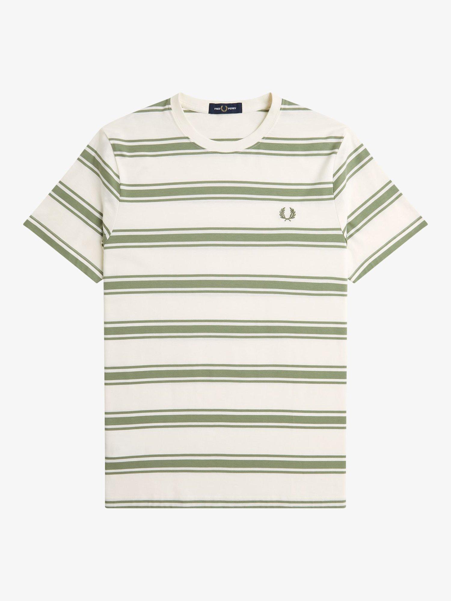 Product image 4 of 5, which shows Fred Perry Cotton Regular Fit Fine Stripe T-Shirt, Ecru/Green, S
