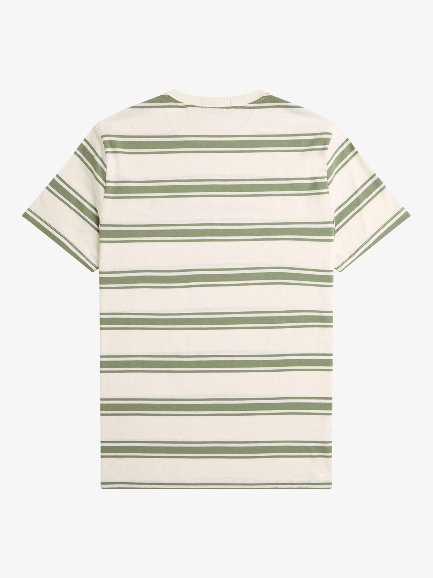 Product image 5 of 5, which shows Fred Perry Cotton Regular Fit Fine Stripe T-Shirt, Ecru/Green, S