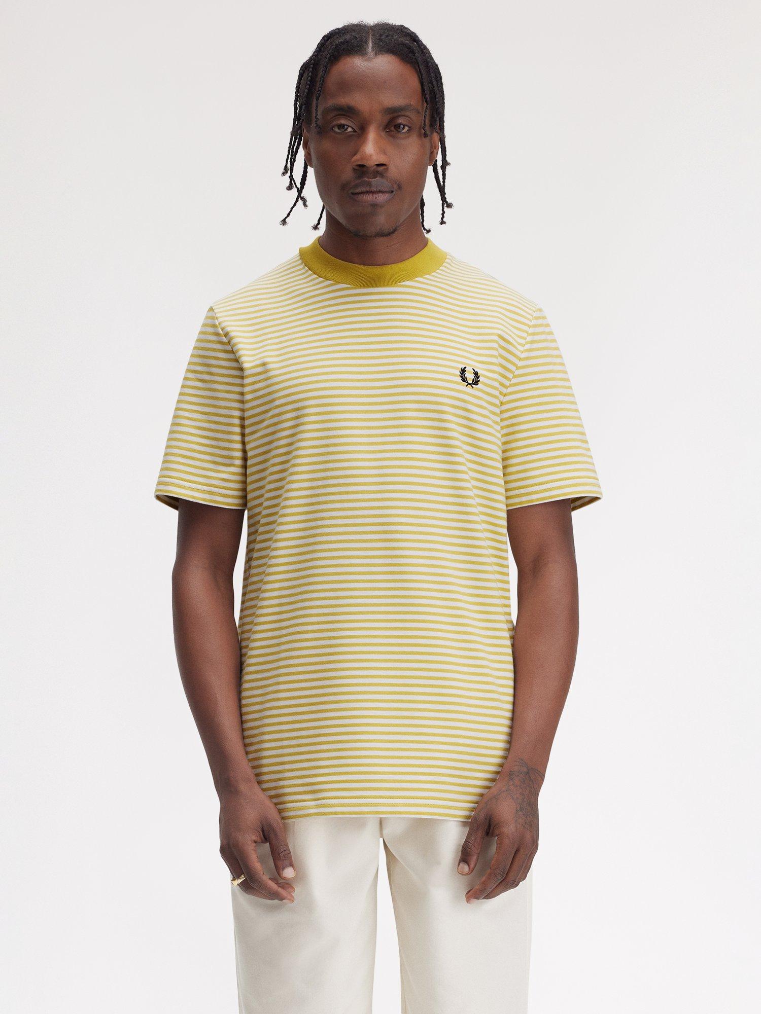 Product image 1 of 5, which shows Fred Perry Cotton Regular Fit Short Sleeve Fine Stripe T-Shirt, Honeycomb, S