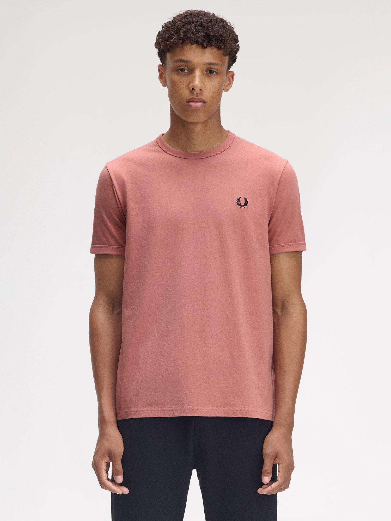 Product image 1 of 5, which shows Fred Perry Cotton Regular Fit Short Sleeve Ringer T-Shirt, Putty Pink, S
