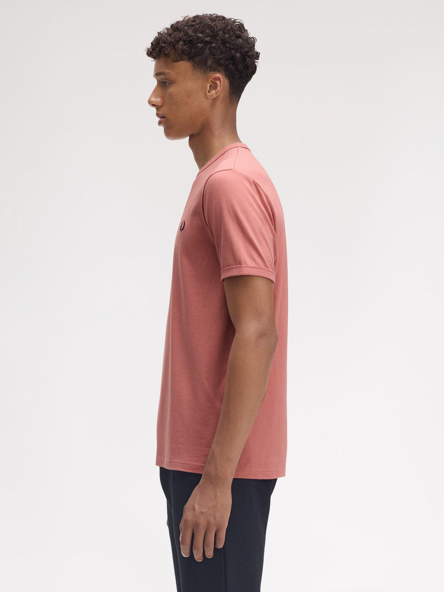 Product image 2 of 5, which shows Fred Perry Cotton Regular Fit Short Sleeve Ringer T-Shirt, Putty Pink, S