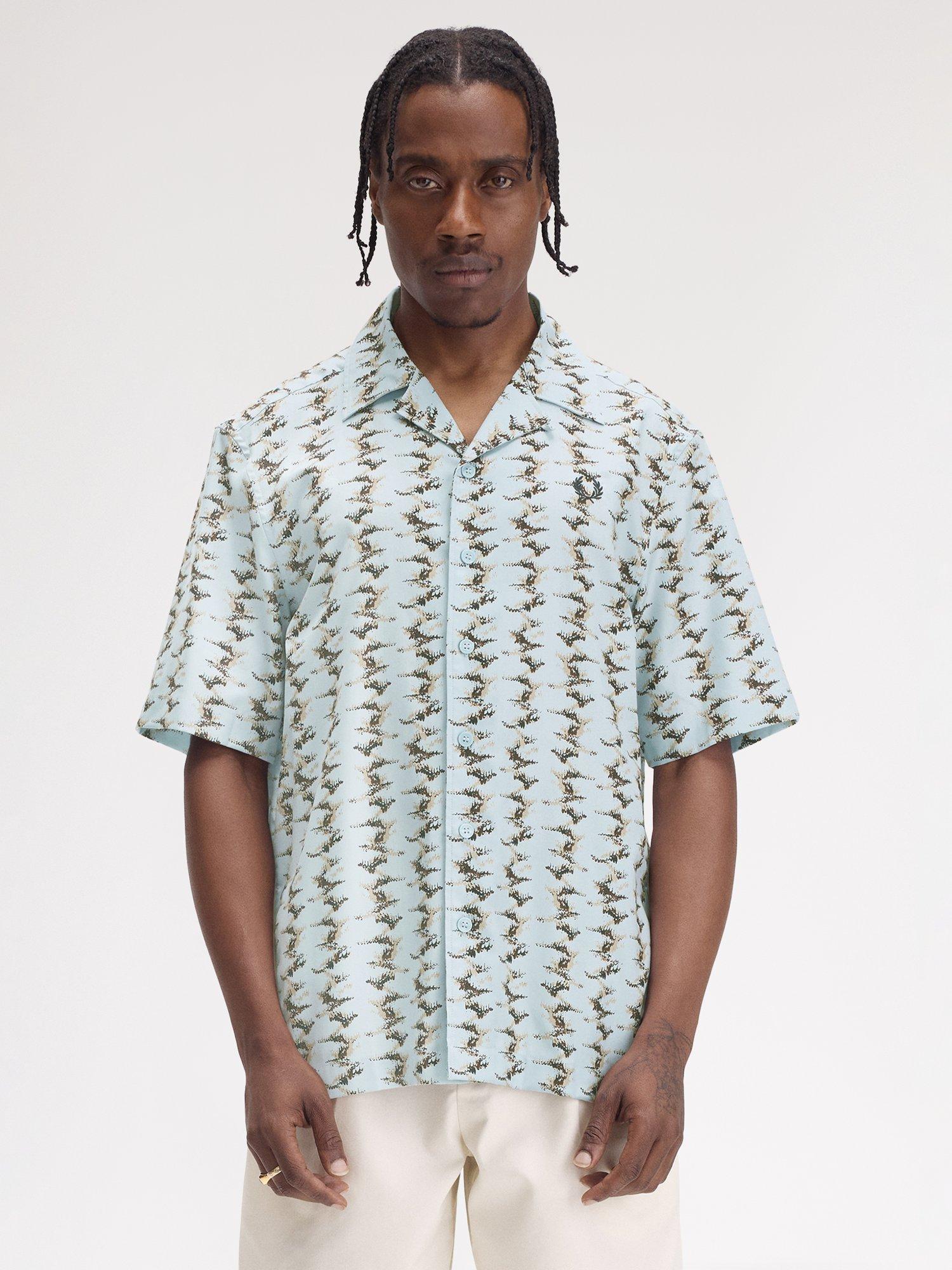 Product image 1 of 5, which shows Fred Perry Cotton Blend Regular Fit Abstract Revere Collar Shirt, Light Smoke, S