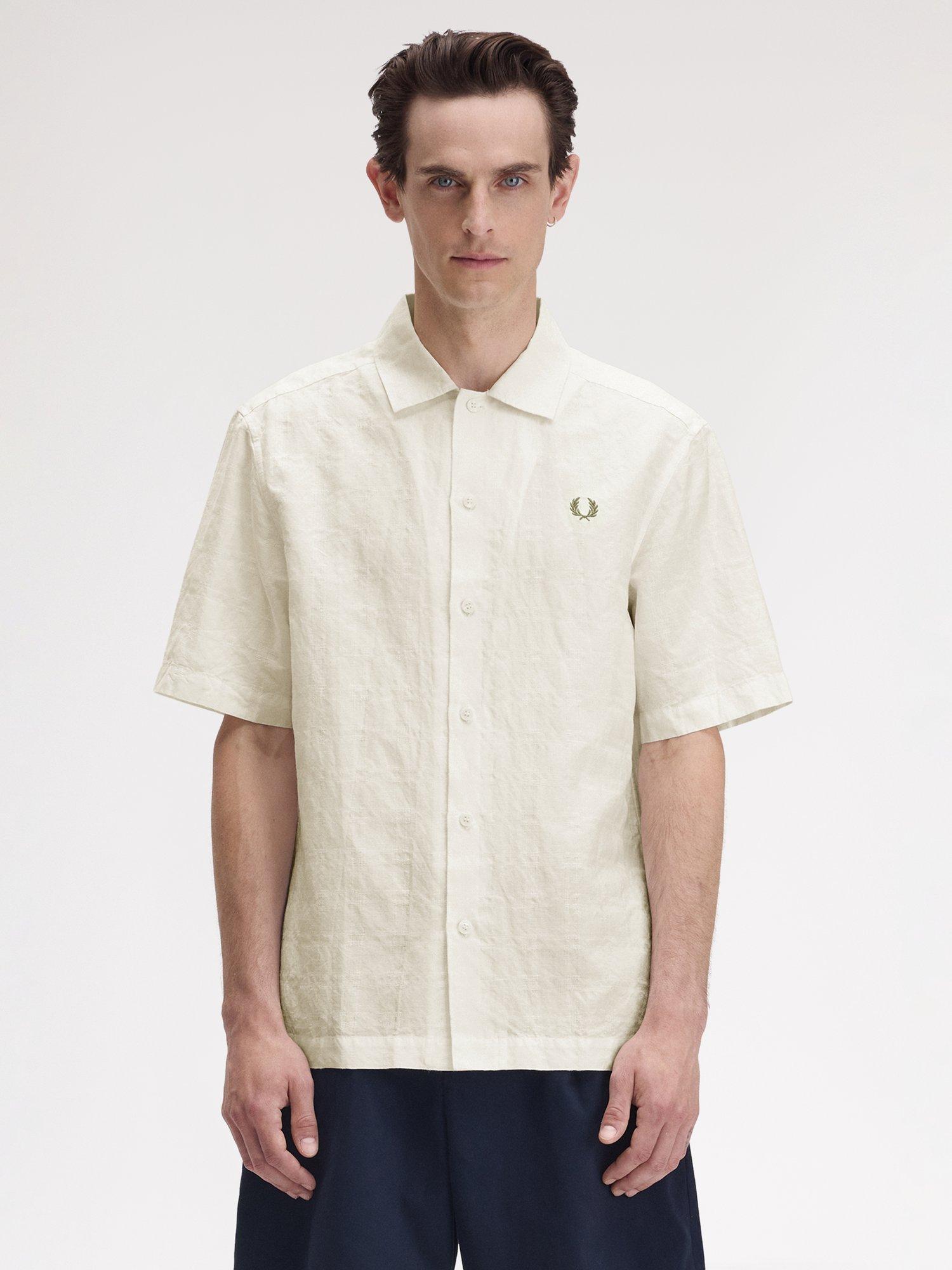 Product image 1 of 5, which shows Fred Perry Linen Blend Regular Fit Jacquard Shirt, Light Ecru, S