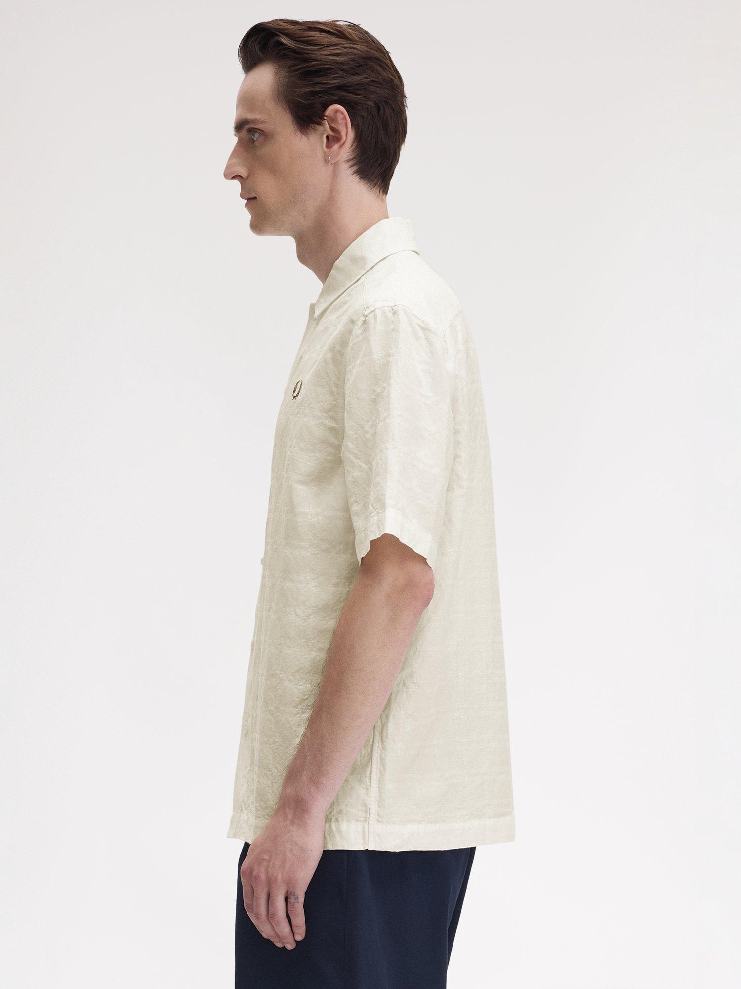Product image 2 of 5, which shows Fred Perry Linen Blend Regular Fit Jacquard Shirt, Light Ecru, S