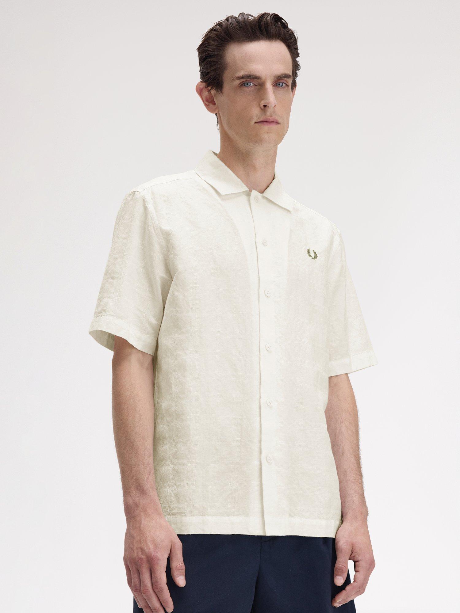 Product image 3 of 5, which shows Fred Perry Linen Blend Regular Fit Jacquard Shirt, Light Ecru, S