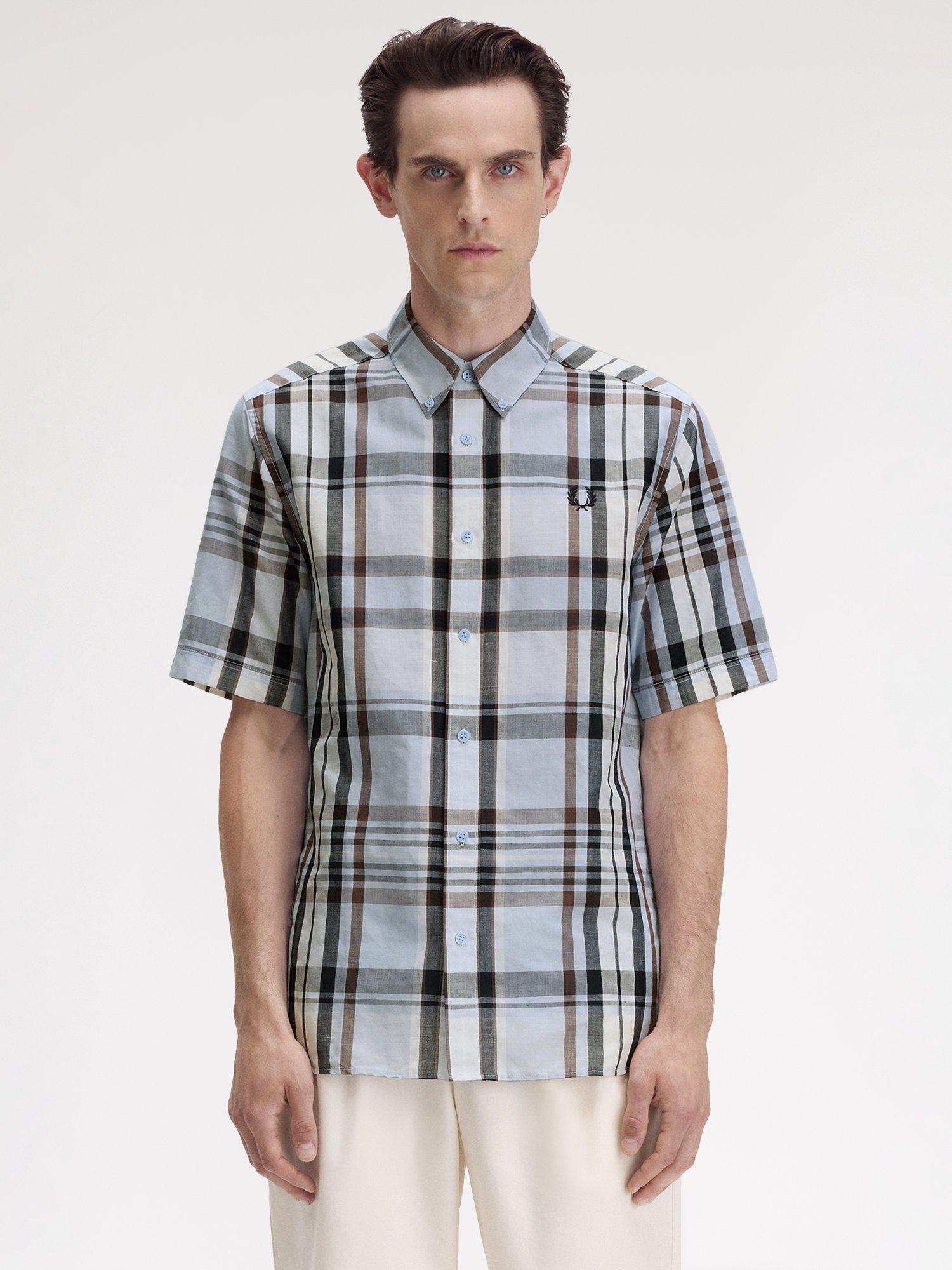 Product image 1 of 5, which shows Fred Perry Linen Blend Regular Fit Madras Check Shirt, Light Smoke, S
