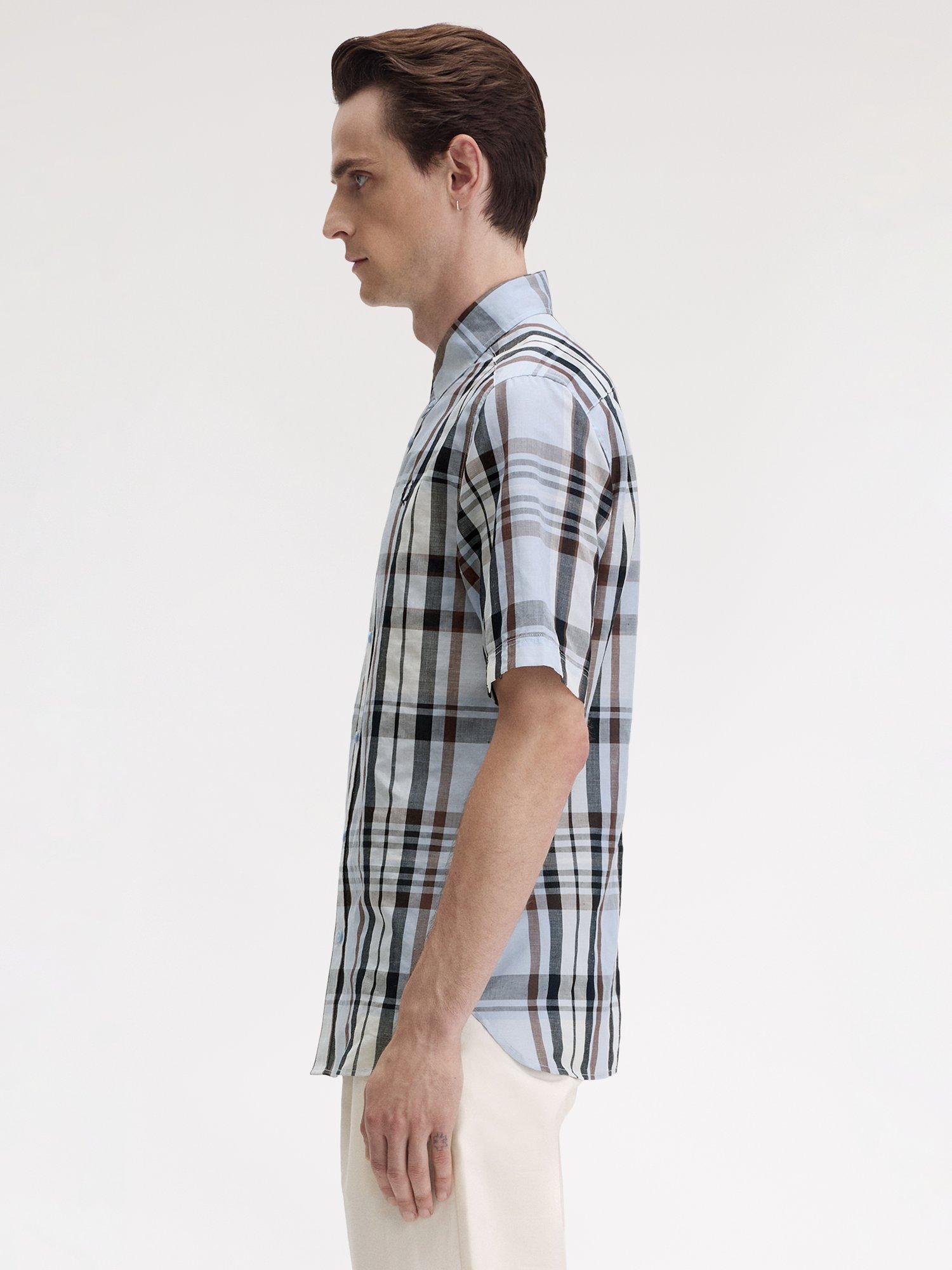 Product image 2 of 5, which shows Fred Perry Linen Blend Regular Fit Madras Check Shirt, Light Smoke, S