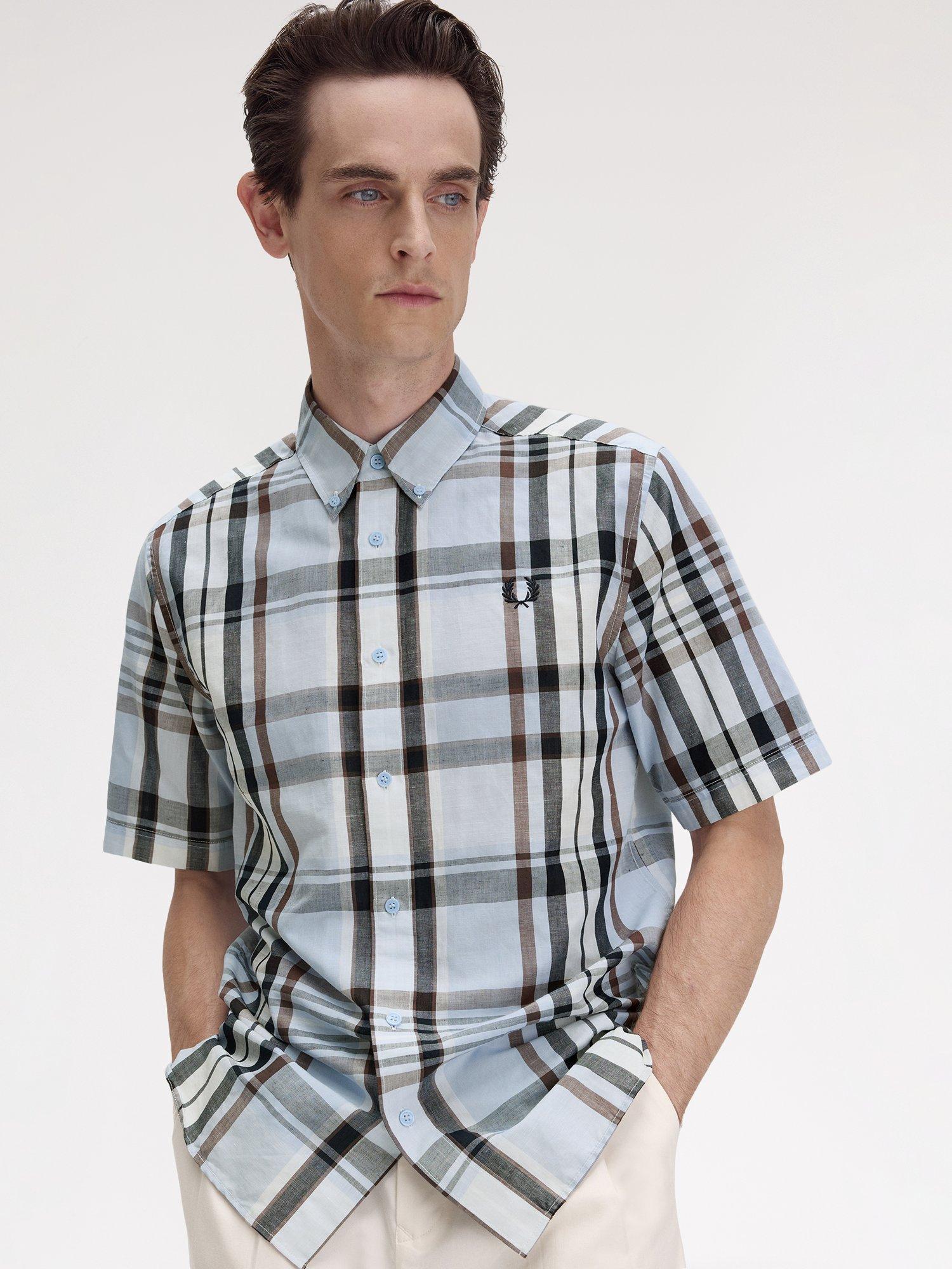 Product image 3 of 5, which shows Fred Perry Linen Blend Regular Fit Madras Check Shirt, Light Smoke, S