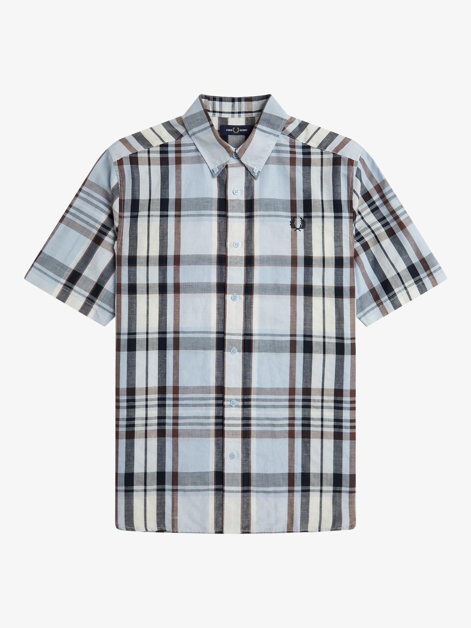 Product image 4 of 5, which shows Fred Perry Linen Blend Regular Fit Madras Check Shirt, Light Smoke, S