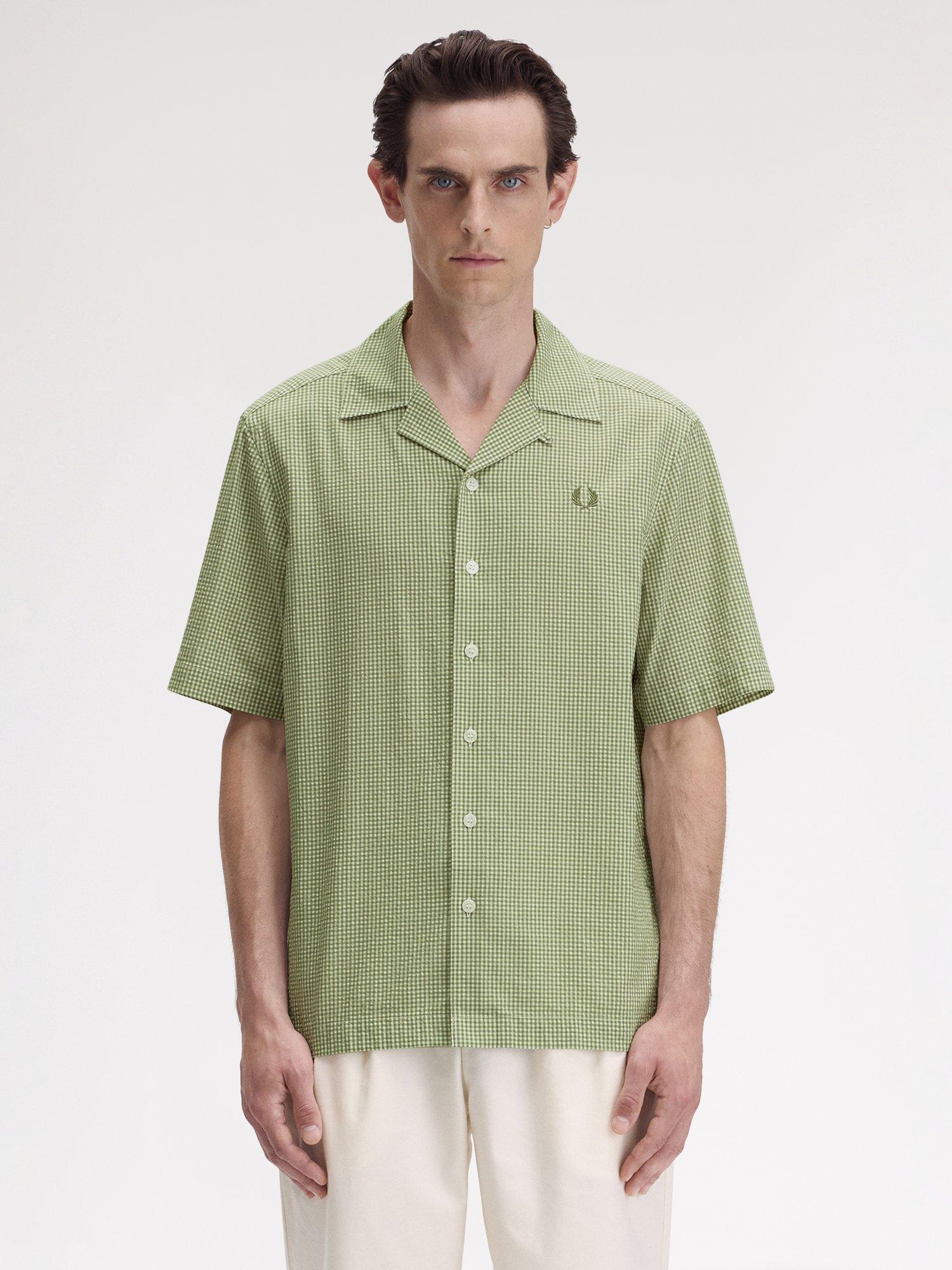 Product image 1 of 5, which shows Fred Perry Cotton Blend Regular Fit Revere Collar Check Shirt, Olive Mint, S