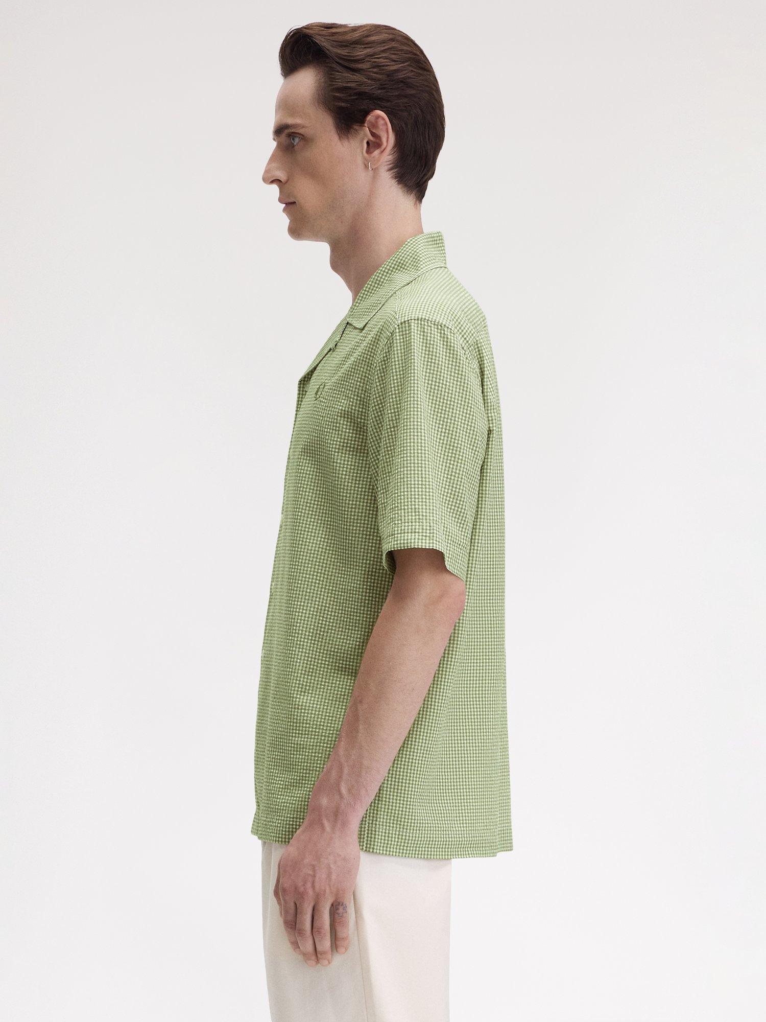 Product image 2 of 5, which shows Fred Perry Cotton Blend Regular Fit Revere Collar Check Shirt, Olive Mint, S