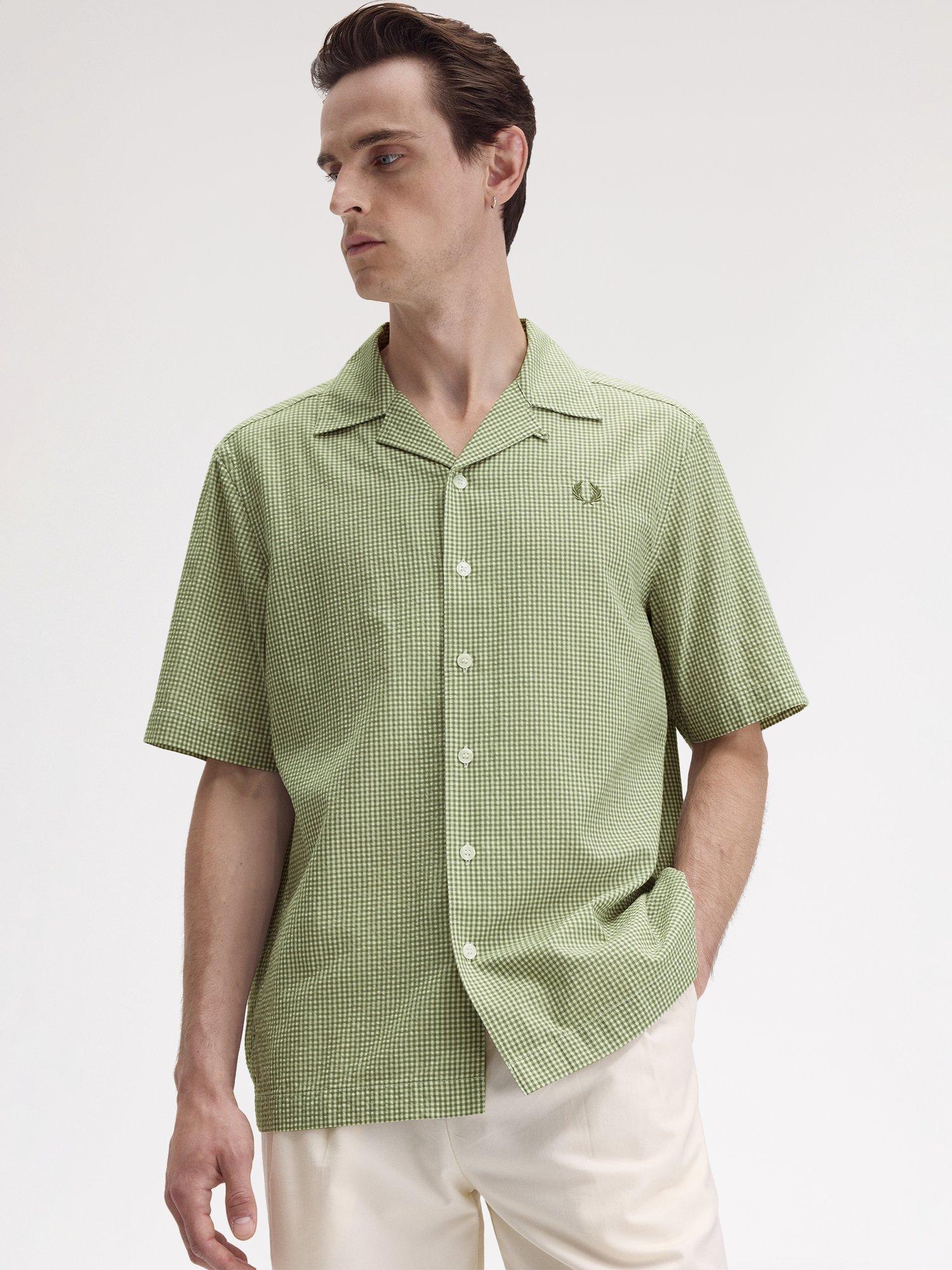 Product image 3 of 5, which shows Fred Perry Cotton Blend Regular Fit Revere Collar Check Shirt, Olive Mint, S
