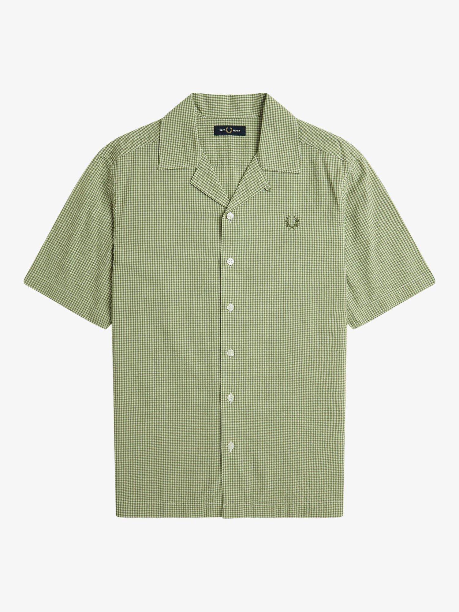 Product image 4 of 5, which shows Fred Perry Cotton Blend Regular Fit Revere Collar Check Shirt, Olive Mint, S